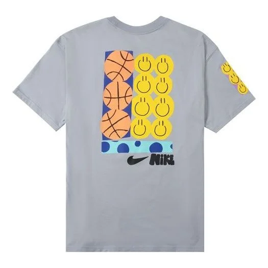 Men's Nike Smiling Face Basketball Pattern Printing Breathable Sports Short Sleeve Wolf Grey T-Shirt - 1