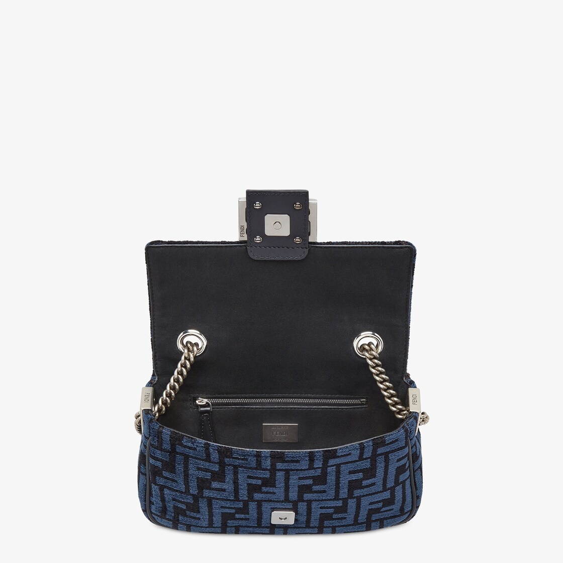 Iconic medium-sized Baguette bag with chain, made of chenille with dark blue FF tapestry motif. Trim - 4