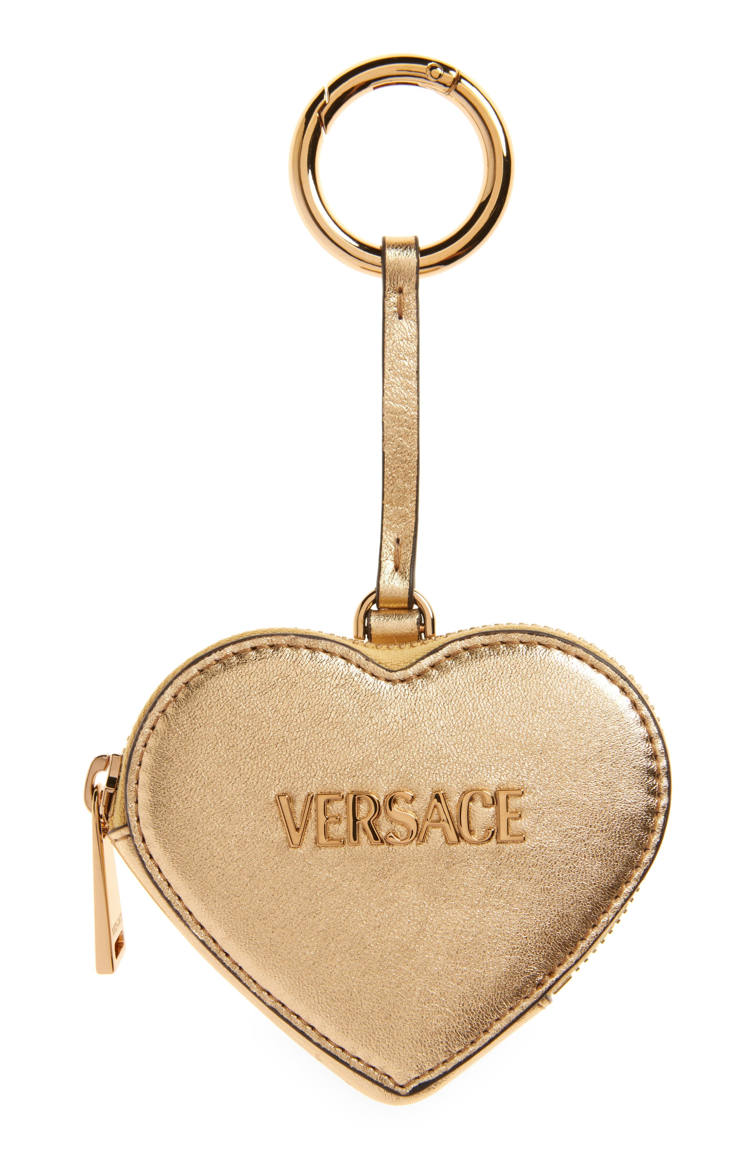 Versace Logo Heart Leather Coin Purse Charm in Mekong Gold Versace at Nordstrom - 1