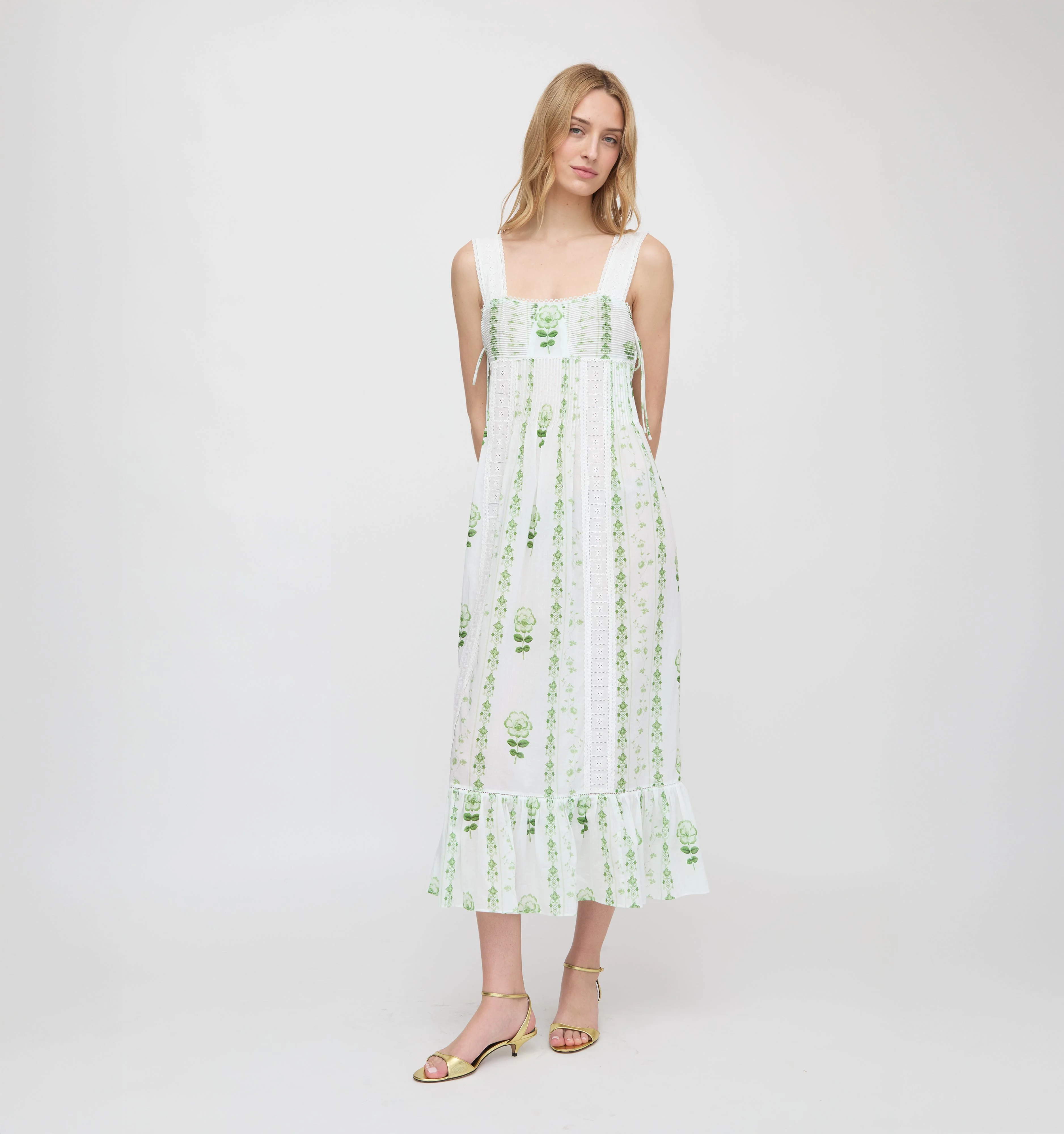 The Lux Nightgown - White/Green Arcadia Border - 1