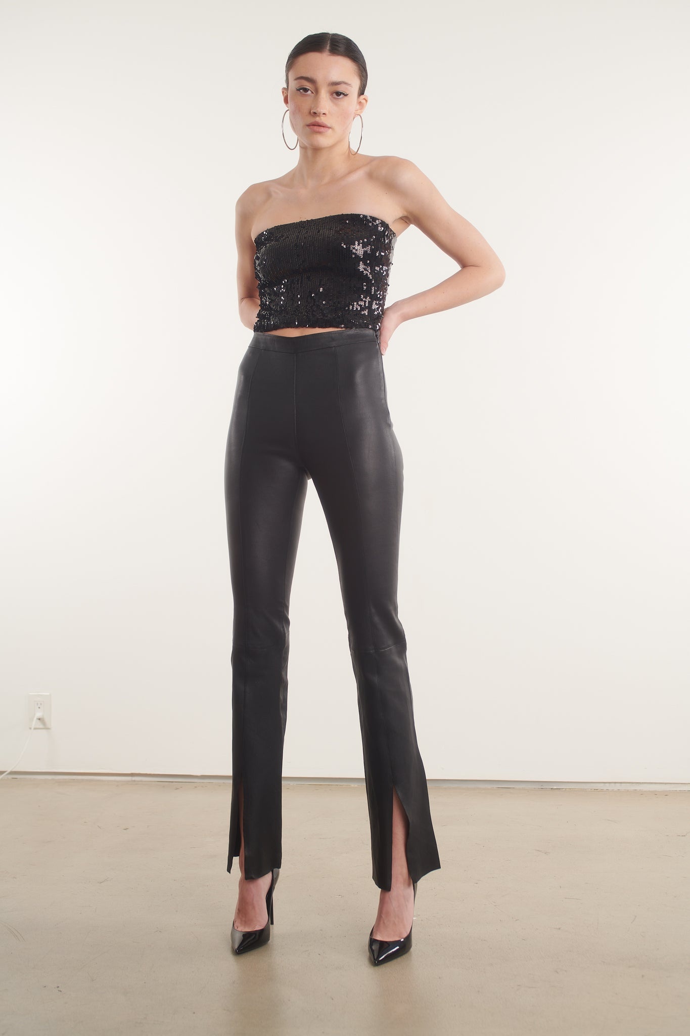BLACK LEATHER FRONT SLIT MICRO FLARE PANTS - 4