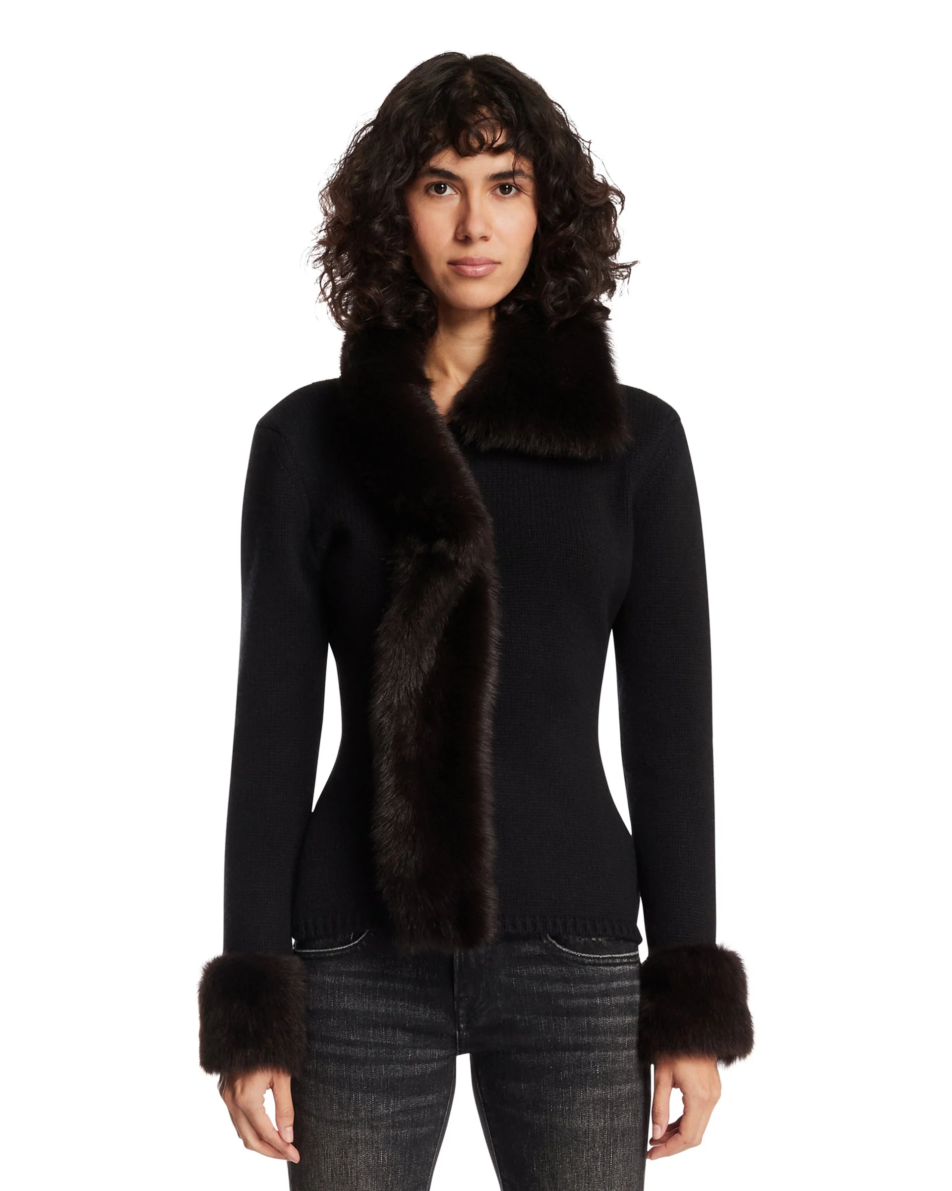Black Fur-Trimmed Cardigan - 1