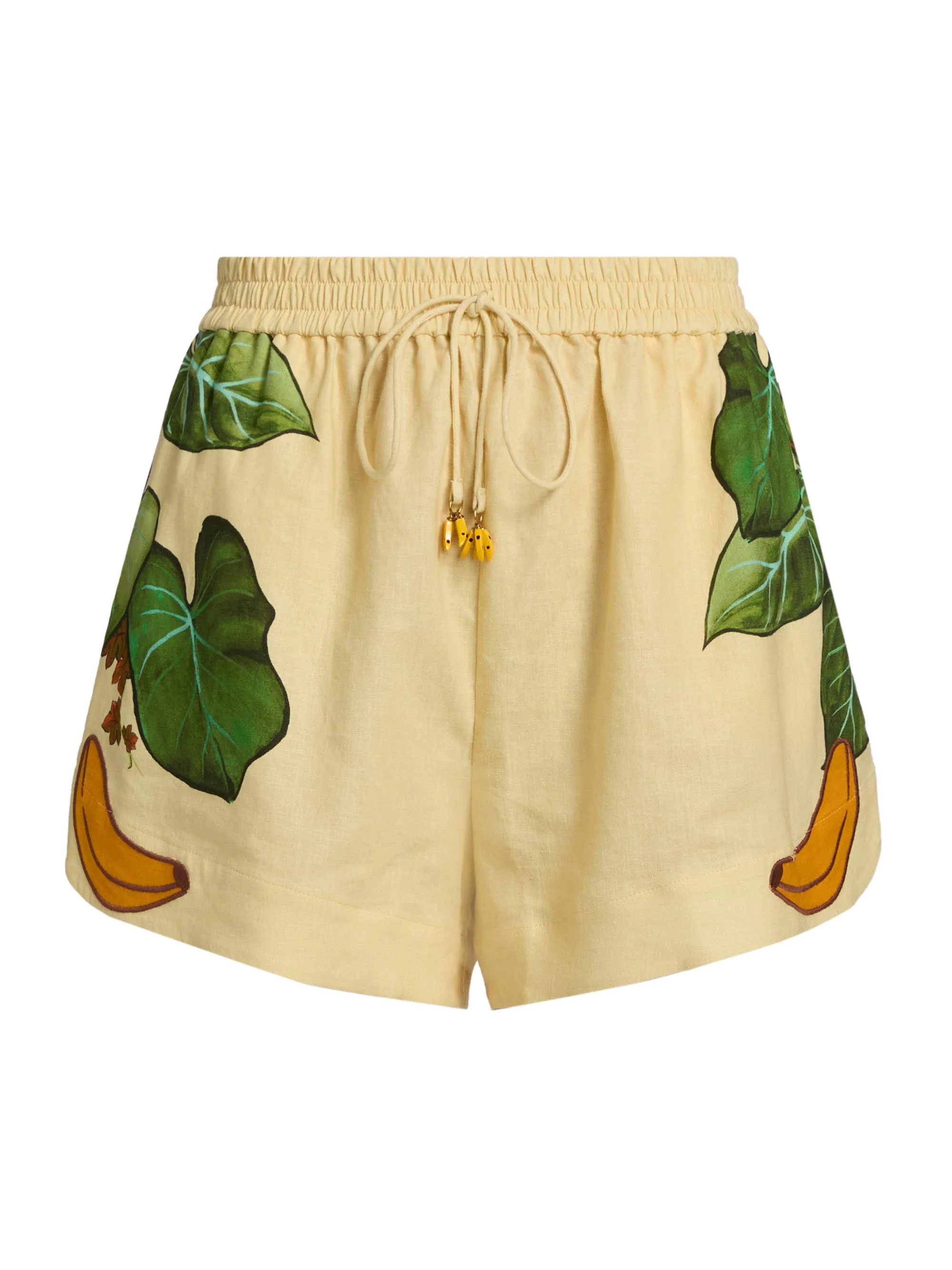 Women's Printed Linen Drawstring Shorts - Yellow - 1