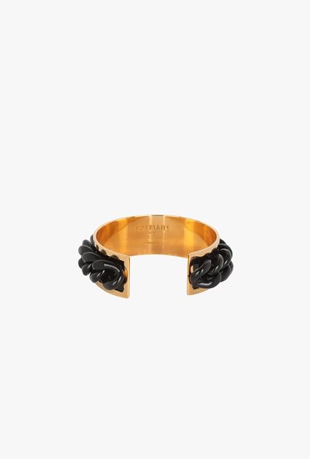 Lacquered black and gold-tone brass chain cuff bracelet - 3