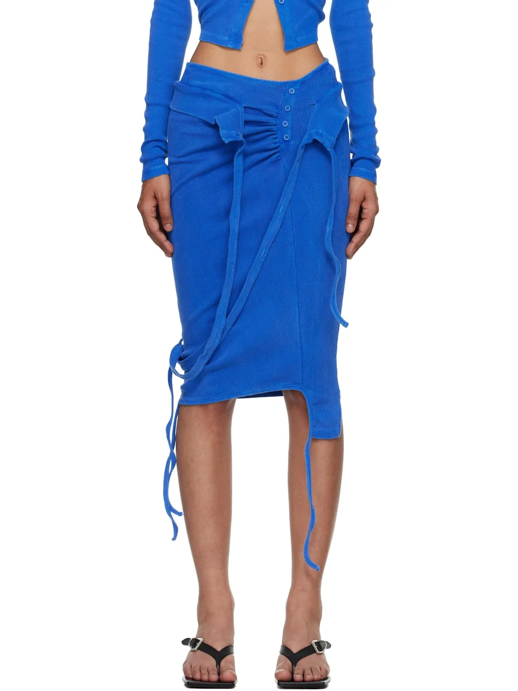 Blue Knee-Length Rib Midi Skirt - 1