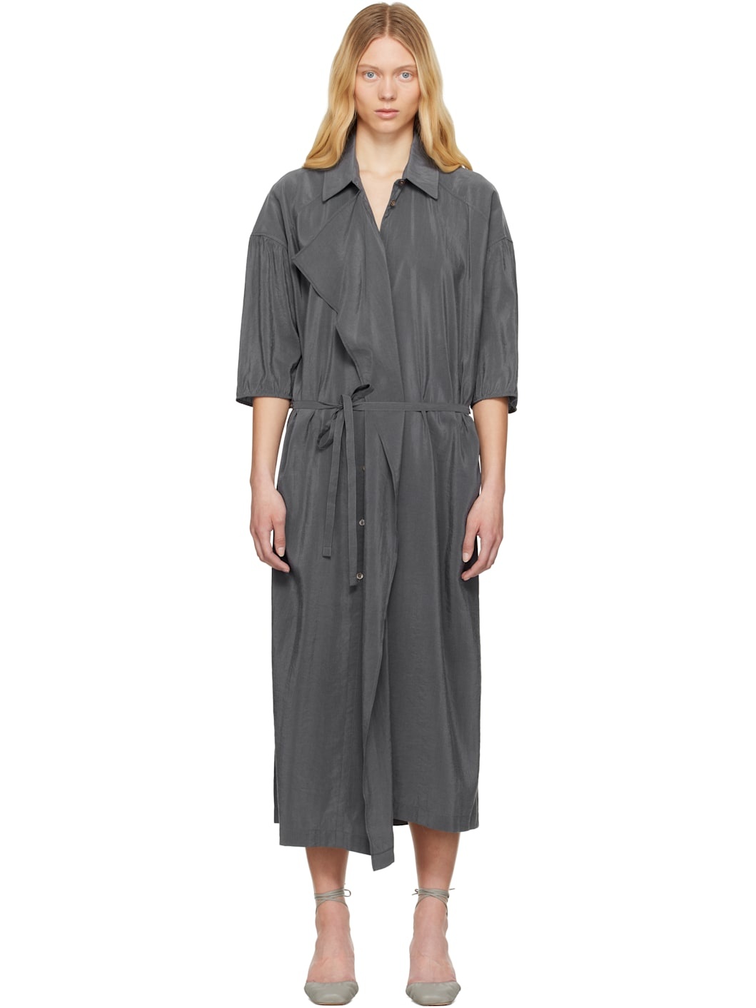 Gray Asymmetrical Shirt Midi Dress - 1