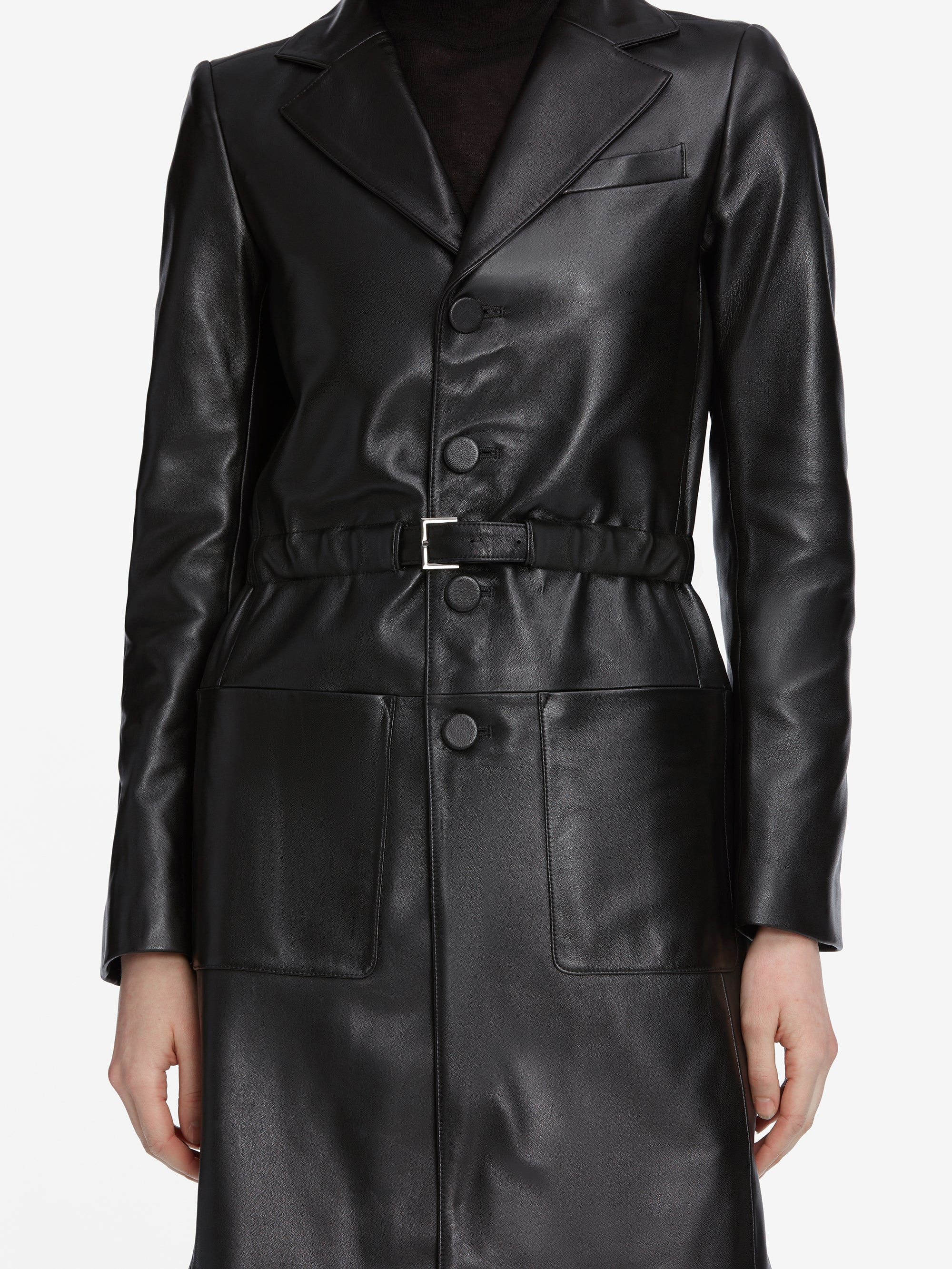 The Long Leather Belted Jacket in Black - 3
