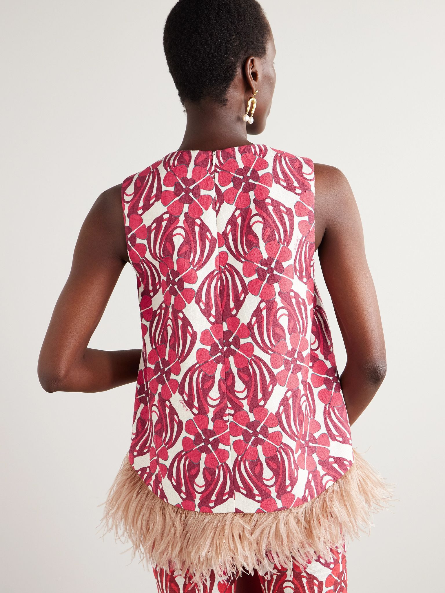 Icon La Scala feather-trimmed printed stretch-cotton tweed top Red - 3