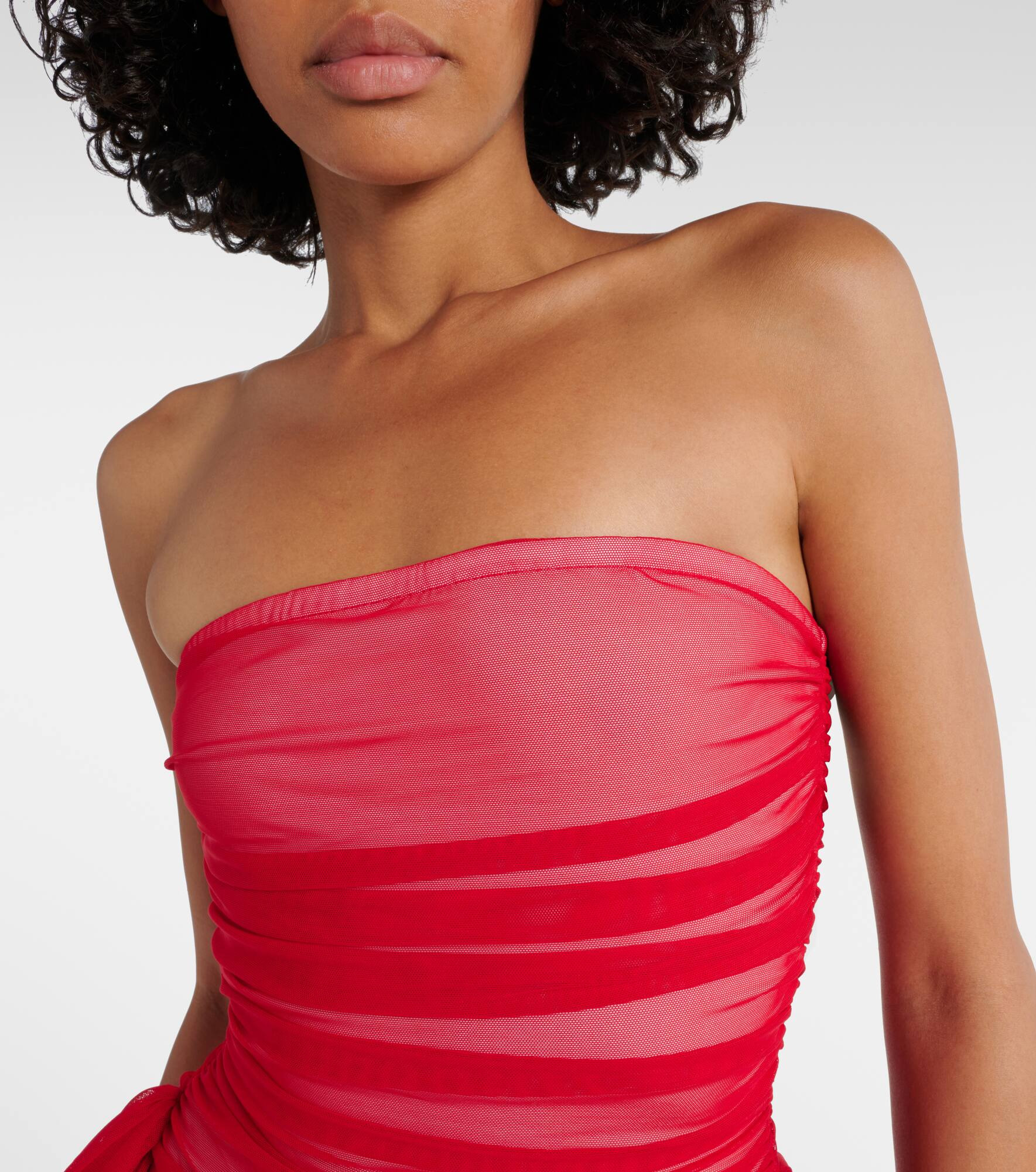 Bow-detail gathered mesh minidress - 4