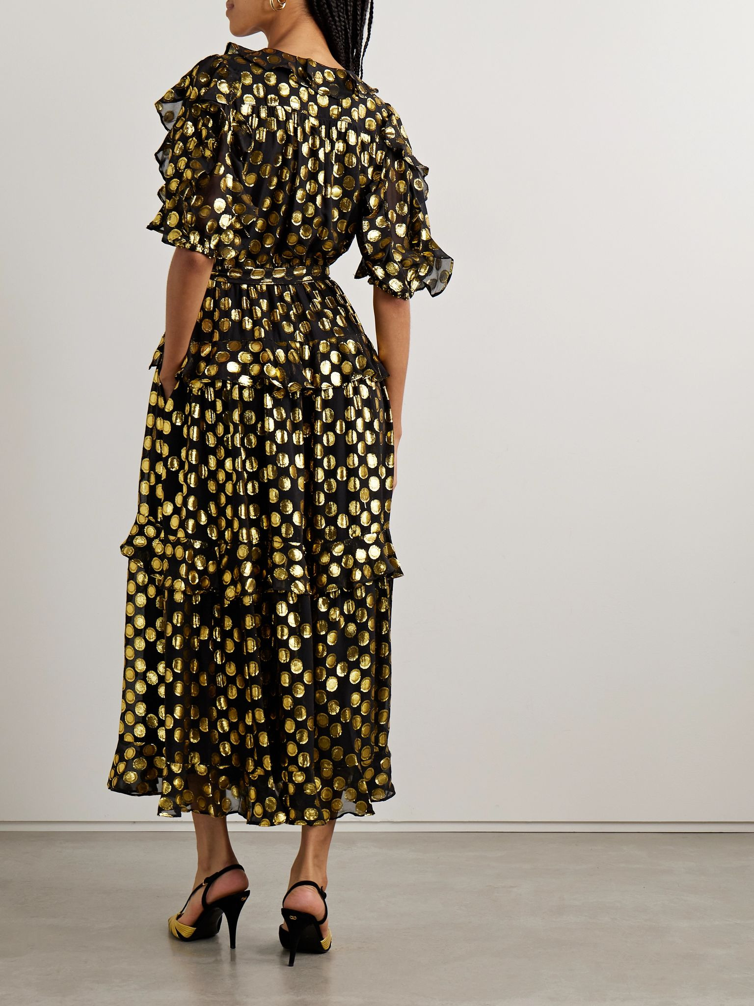 Tida belted metallic fil coupé silk-blend crepe de chine midi dress Black - 3