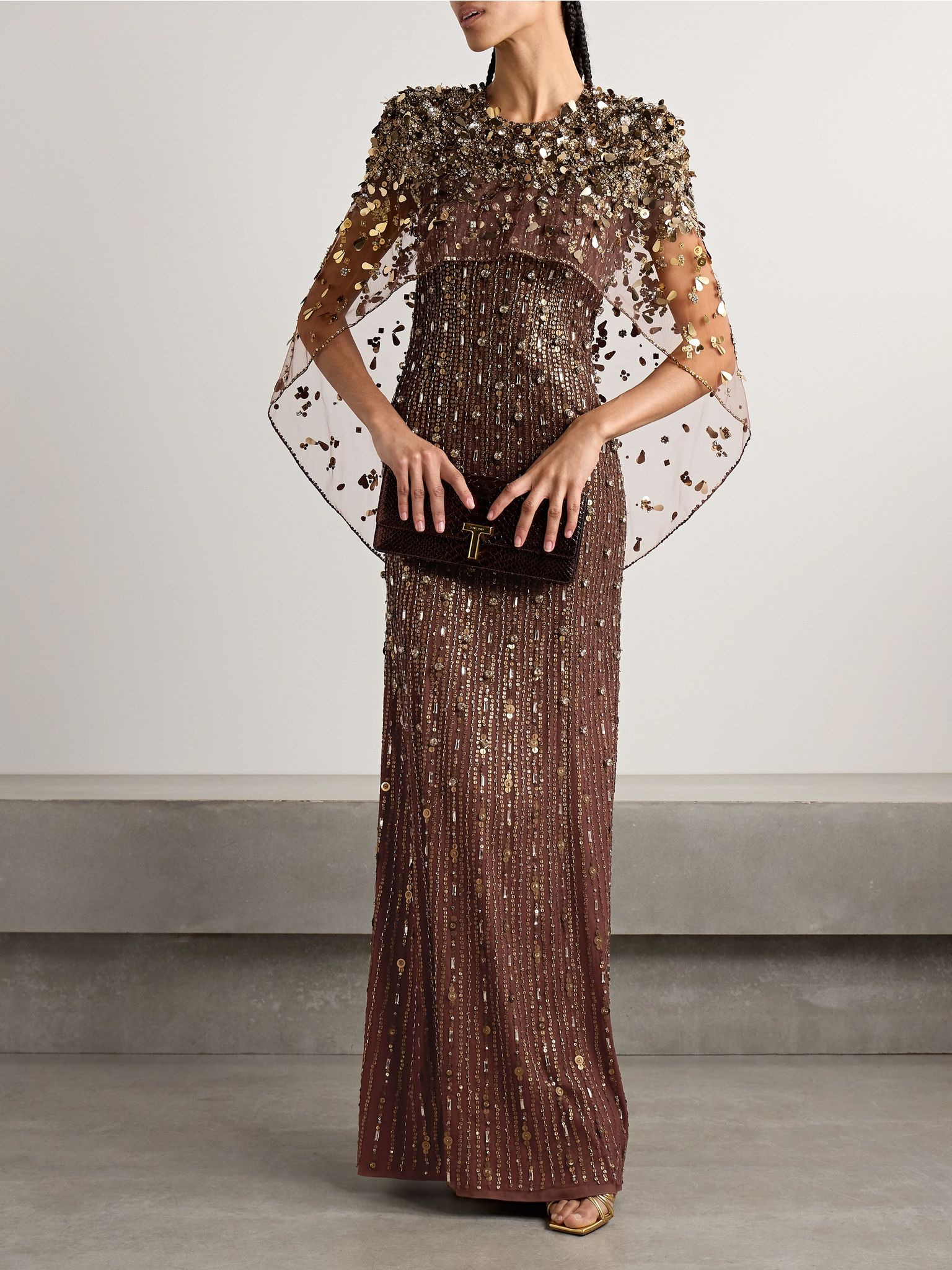 Nettie cape-effect embellished sequined tulle gown Bronze - 2