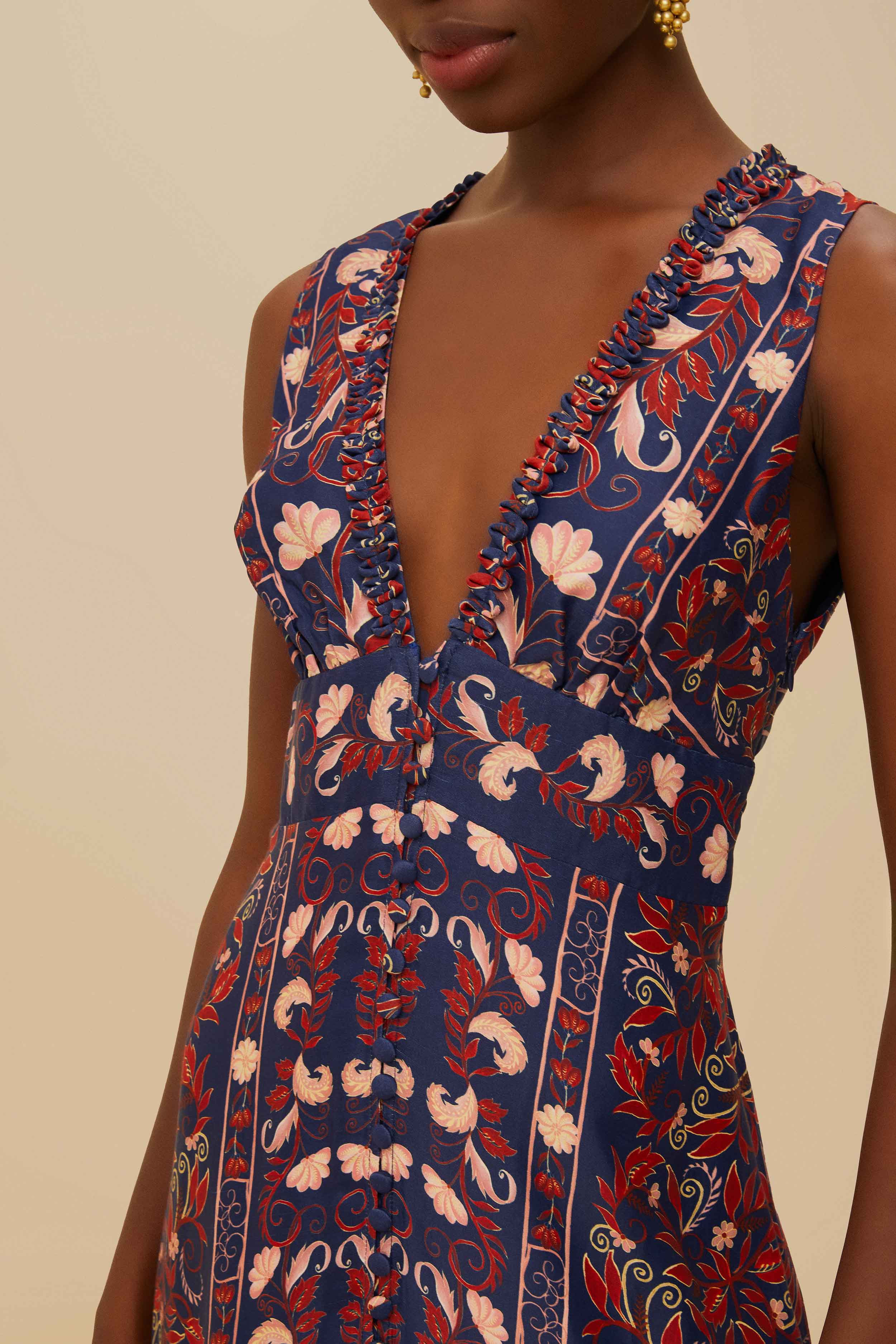 Boho Floral Scarf Navy Blue Midi Dress - 3