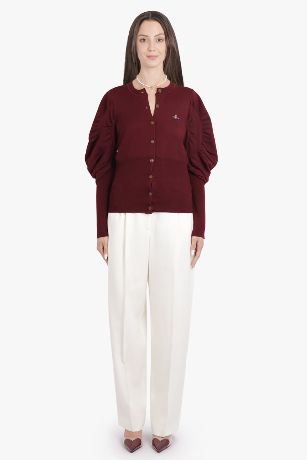 ELI BALLOON SHOULDER KNIT CARDIGAN | BRICK RED - 3