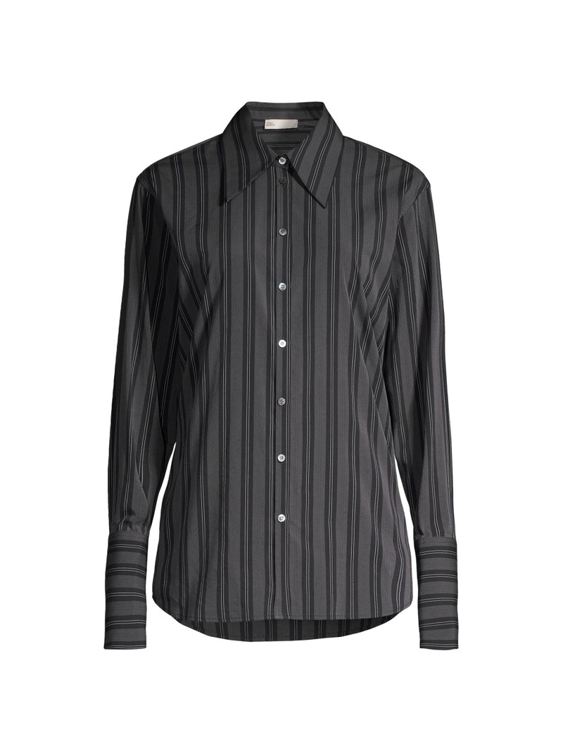 Women's Striped Long-Cuff Button-Up Shirt - Navy Blue 1