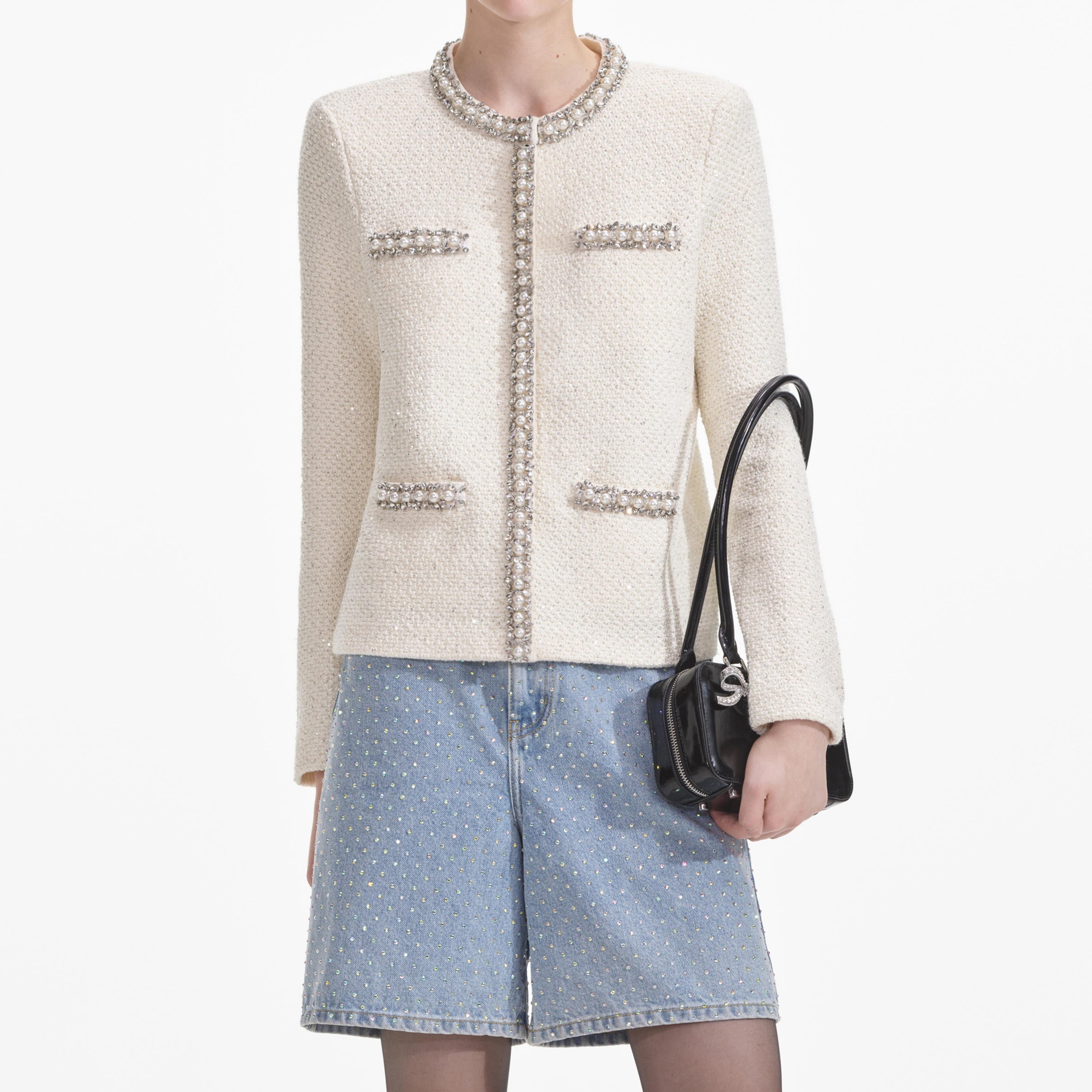 Cream Textured Knit Embellished Cardigan - 4