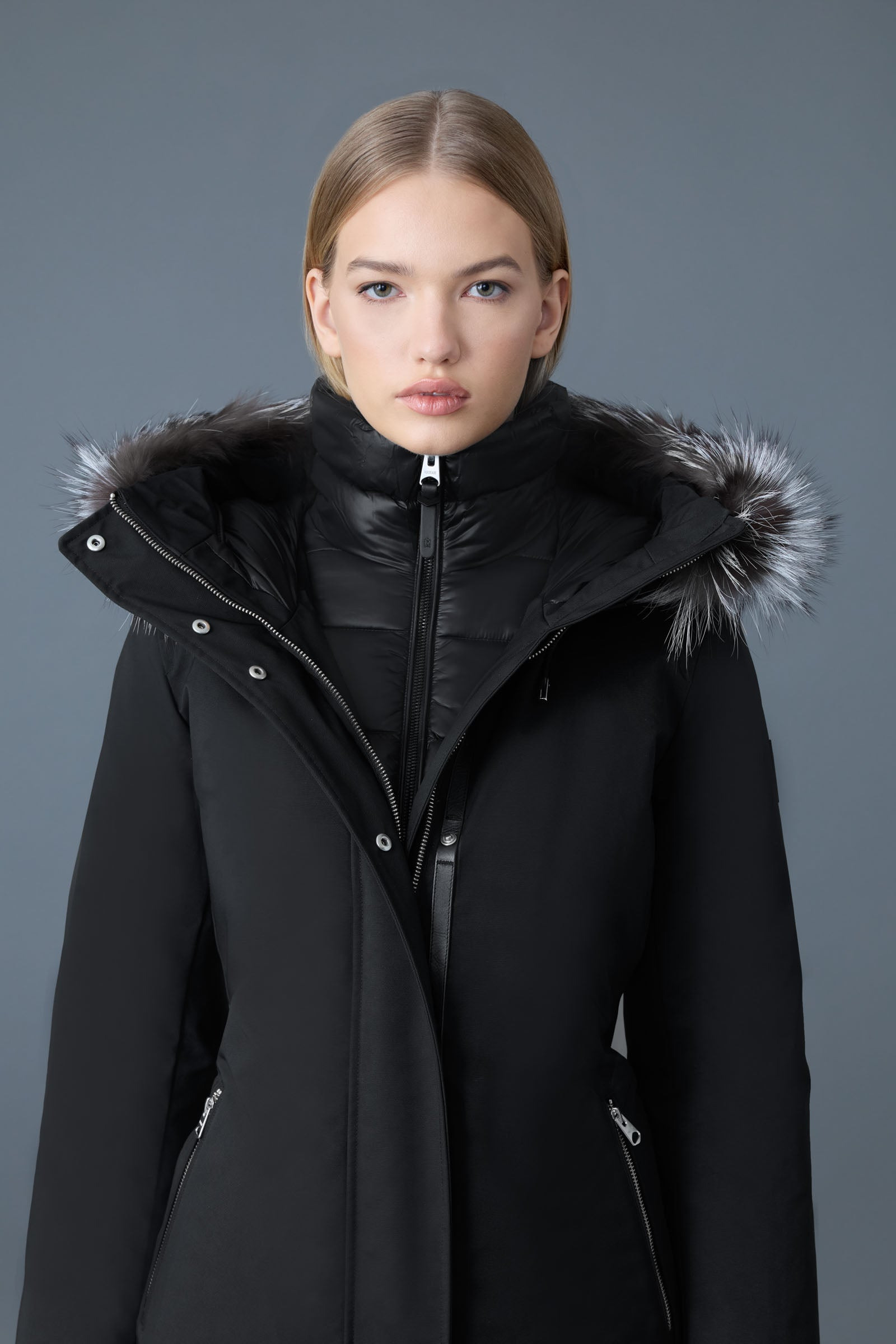SHILOH 2-in-1 fitted down coat with removable bib and silver fox fur - 5