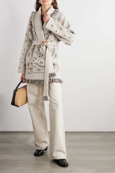 Alanui Belted fringed cashmere and linen-blend jacquard cardigan outlook