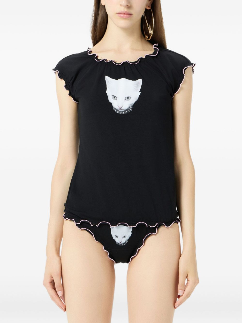 cat-print ruffled T-shirt - 3