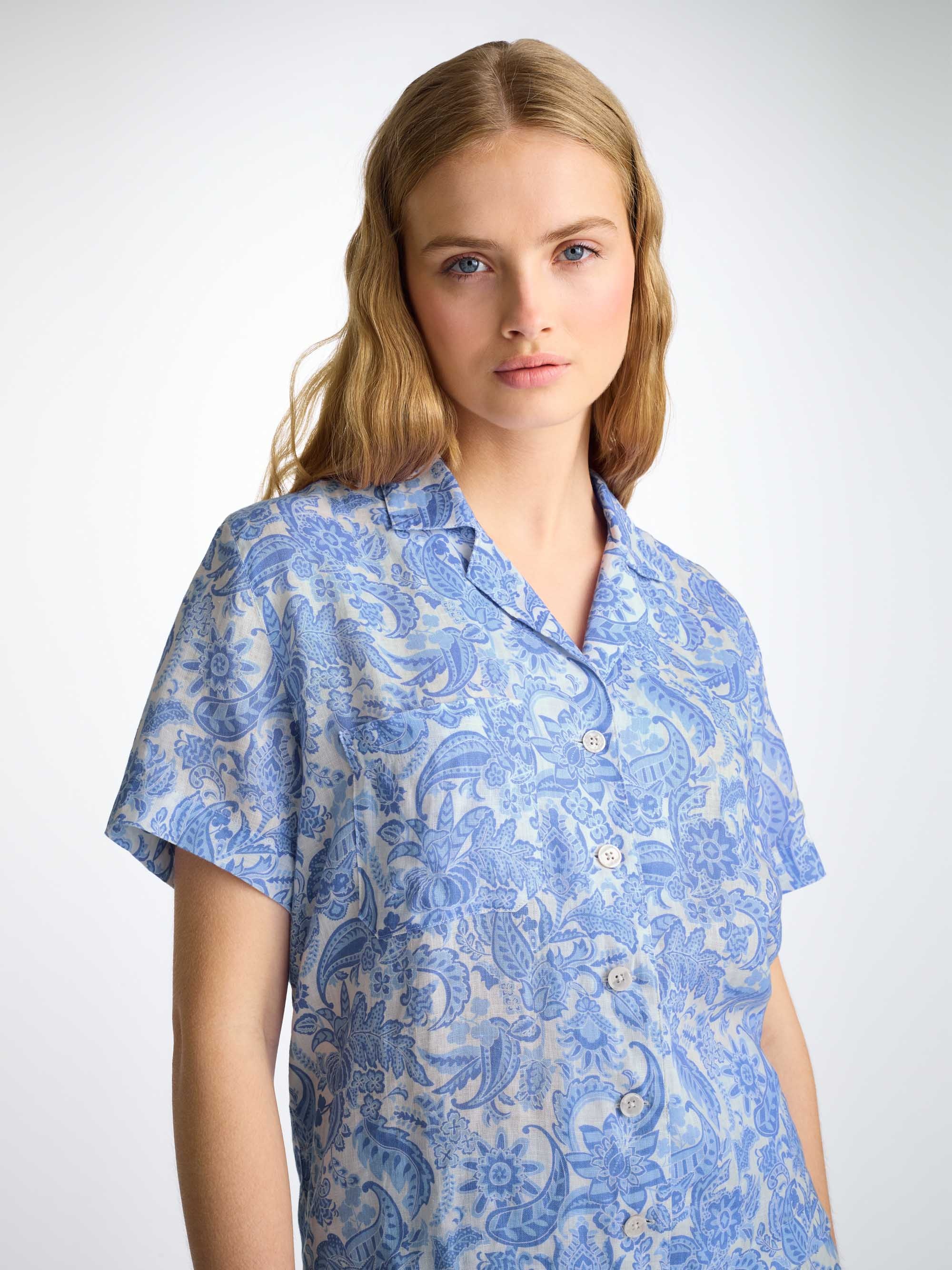 Women's Short Pajamas Linen White Jungle Paisley Print - 7