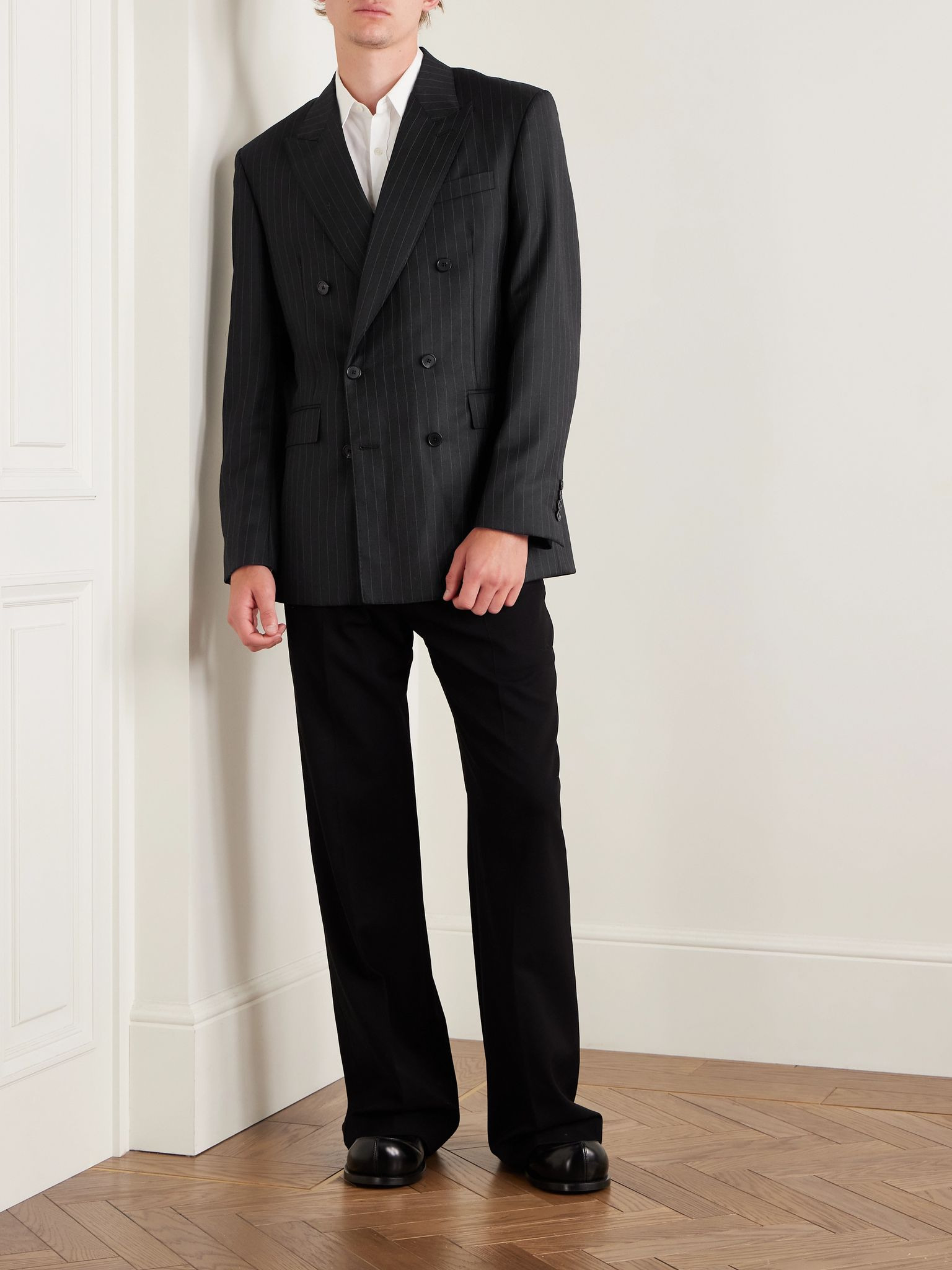 Double-Breasted Pinstriped Wool-Twill Suit Jacket Black - 2