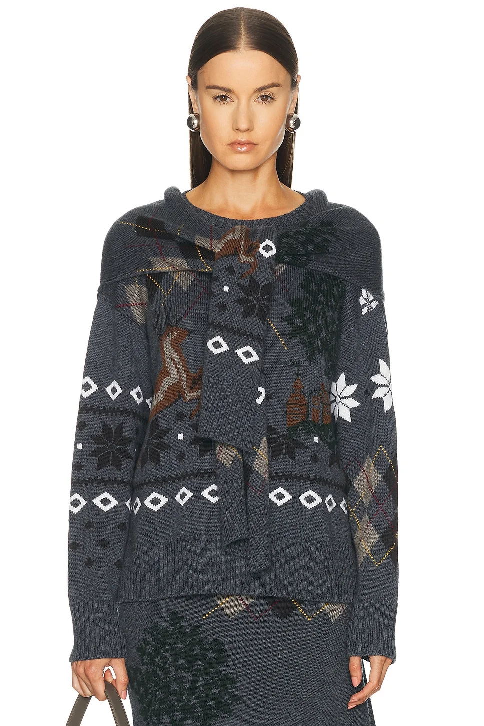 Mixed Fair Isle Crew Neck Sweater With Scarf - 1