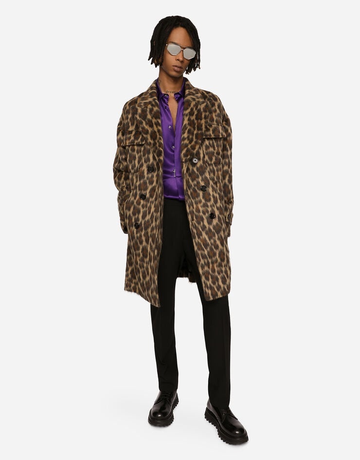 Double-breasted wool jacquard coat with leopard design - 5