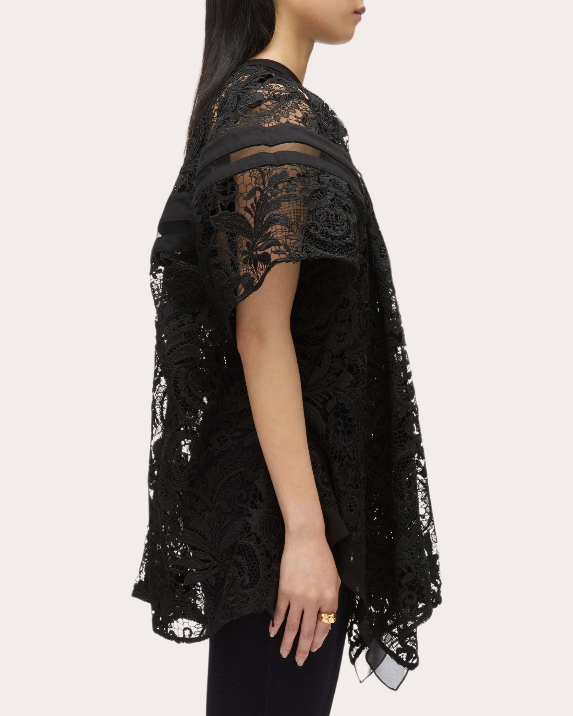 Sheer Lace Mesh-Panel Flounce Top - 3