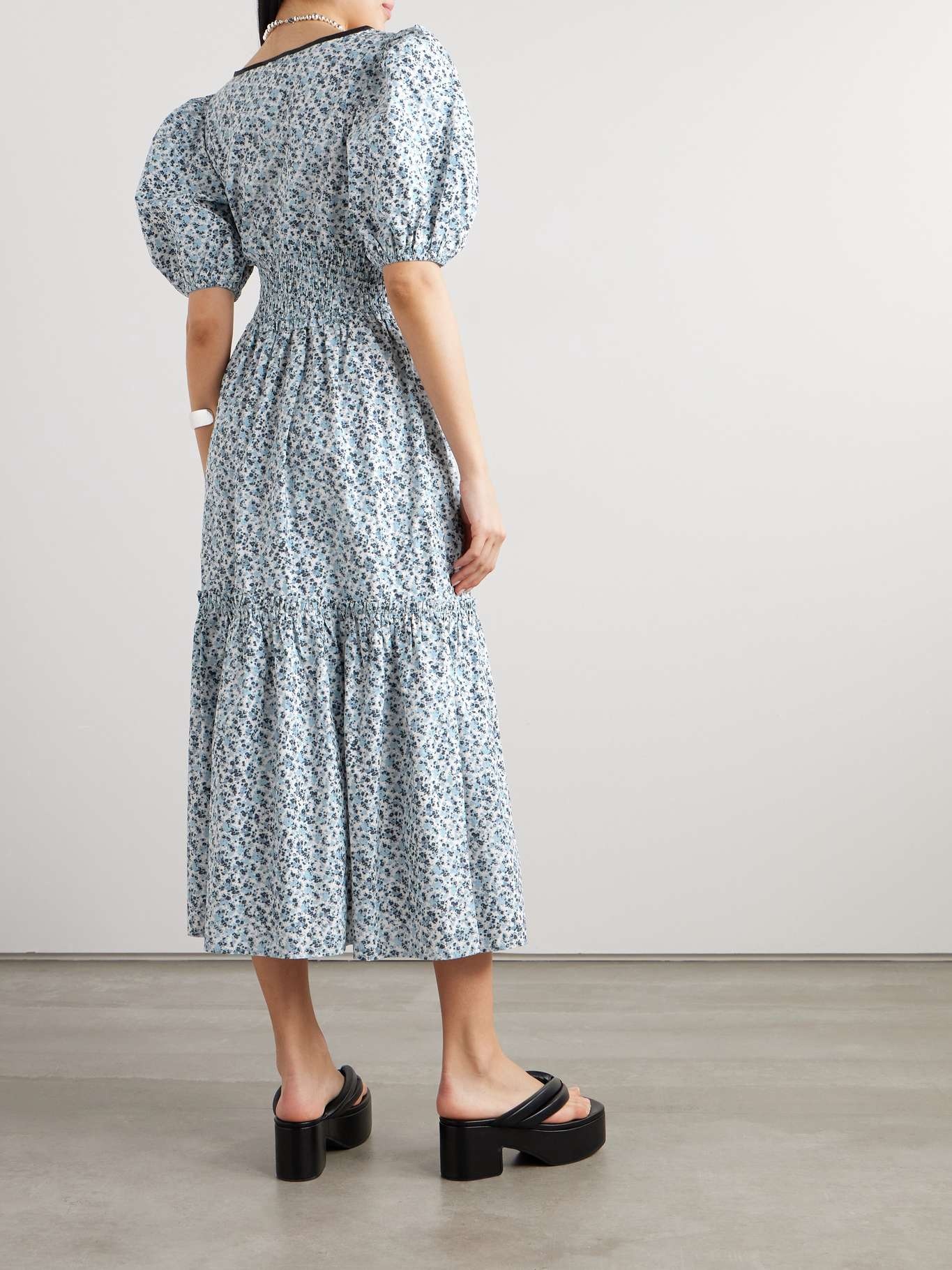 Shirred tiered floral-print organic cotton-poplin midi dress - 3