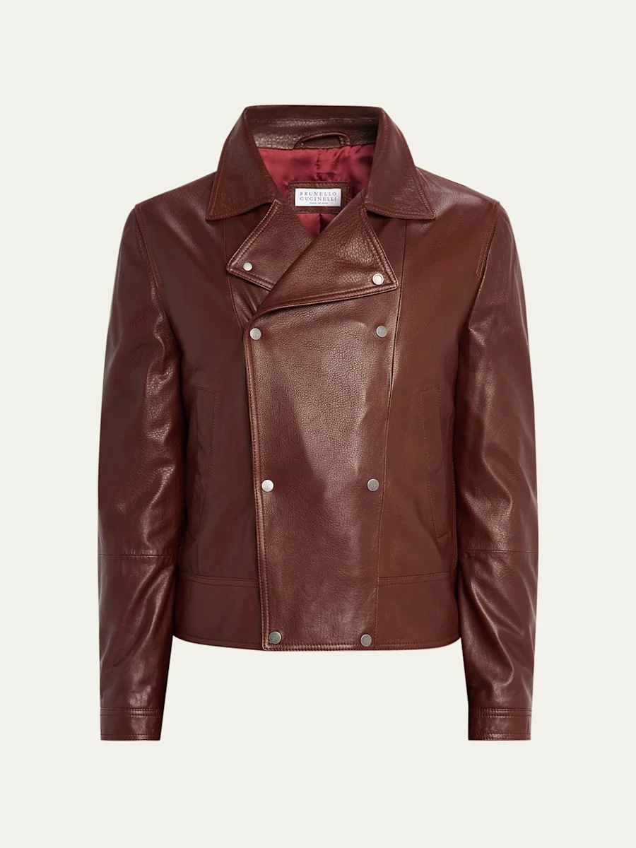 Men's Double-Breasted Grained Leather Jacket - 1