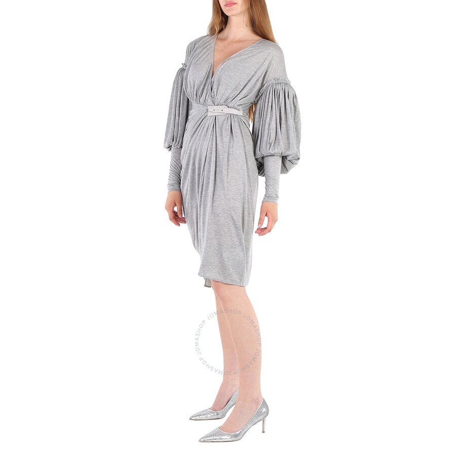 Burberry Ladies Pewter Melange Draped-front Balloon-sleeve Jersey Dress - 6