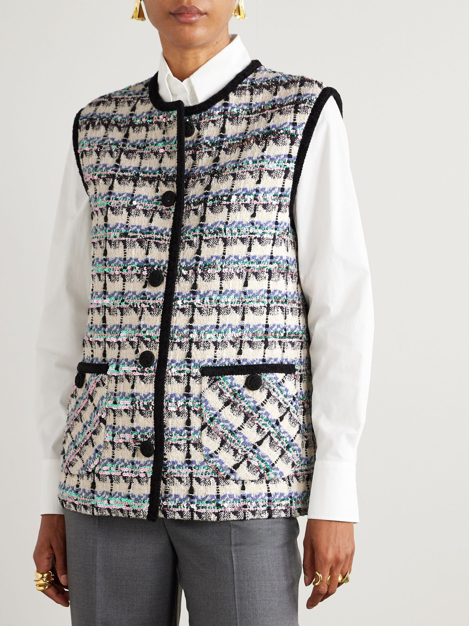 Sequined checked tweed gilet Cream - 3