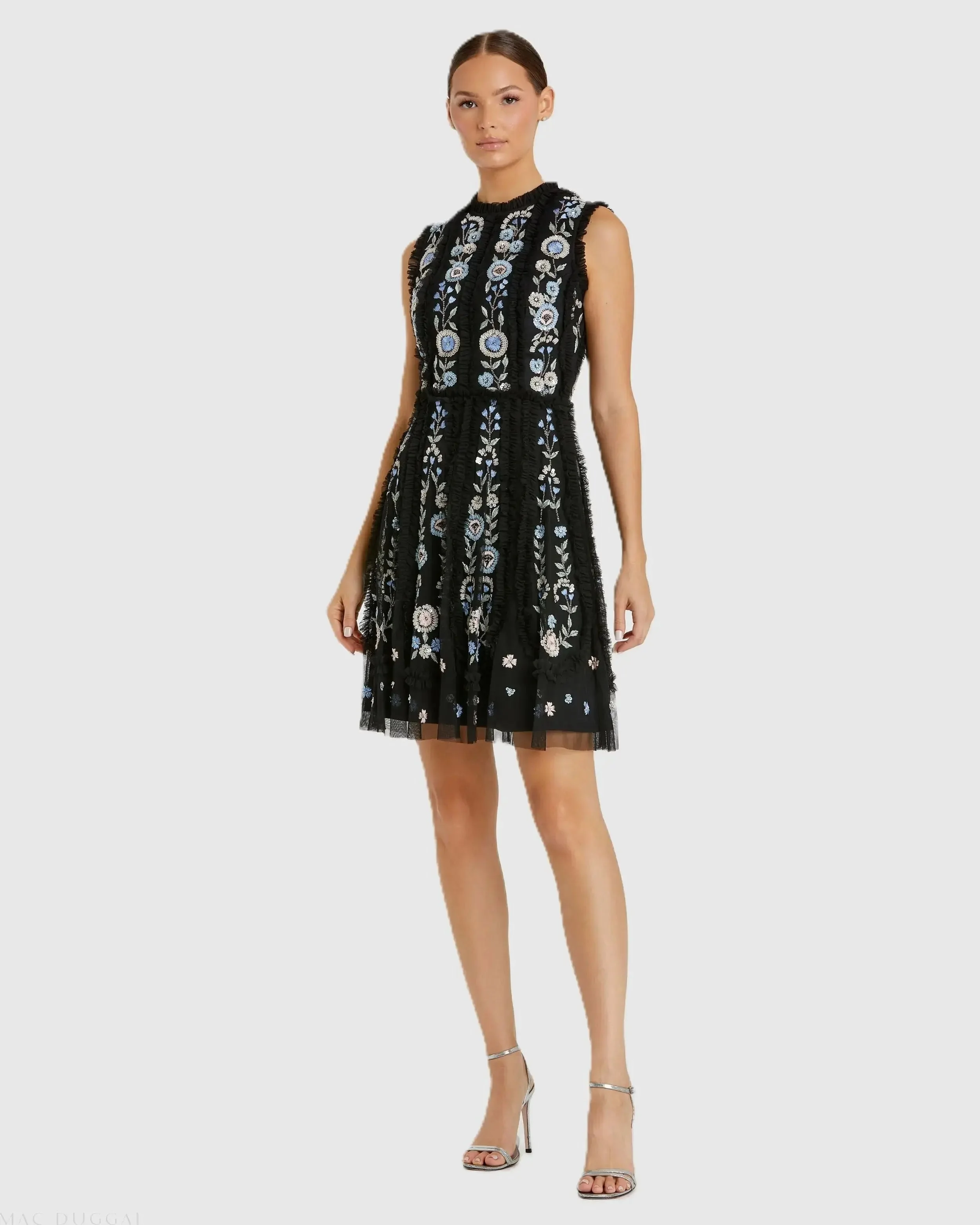 Black Sleeveless High Neck Embroidered Mini Dress - 1