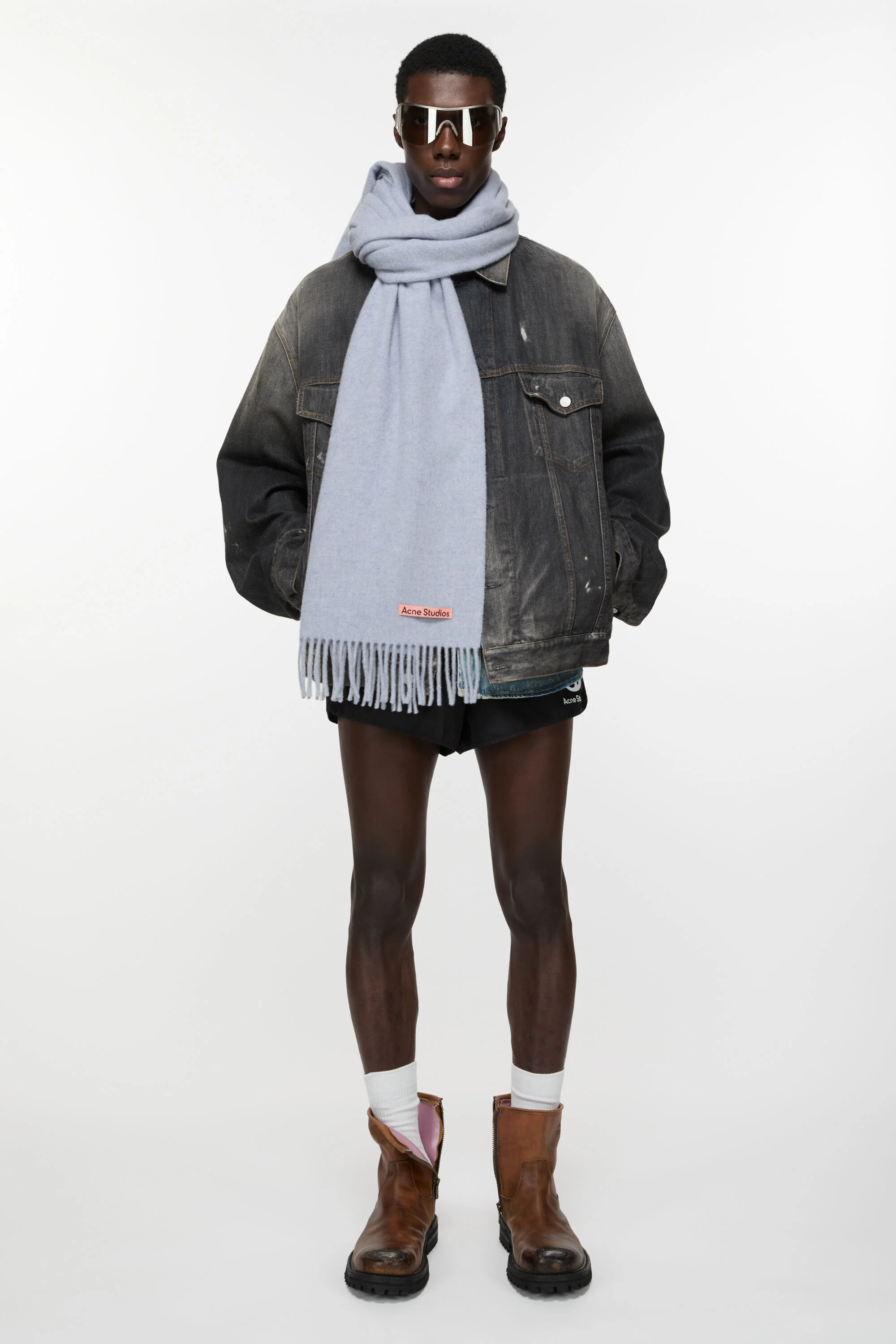 Fringe wool scarf – Narrow - Powder blue mélange - 3