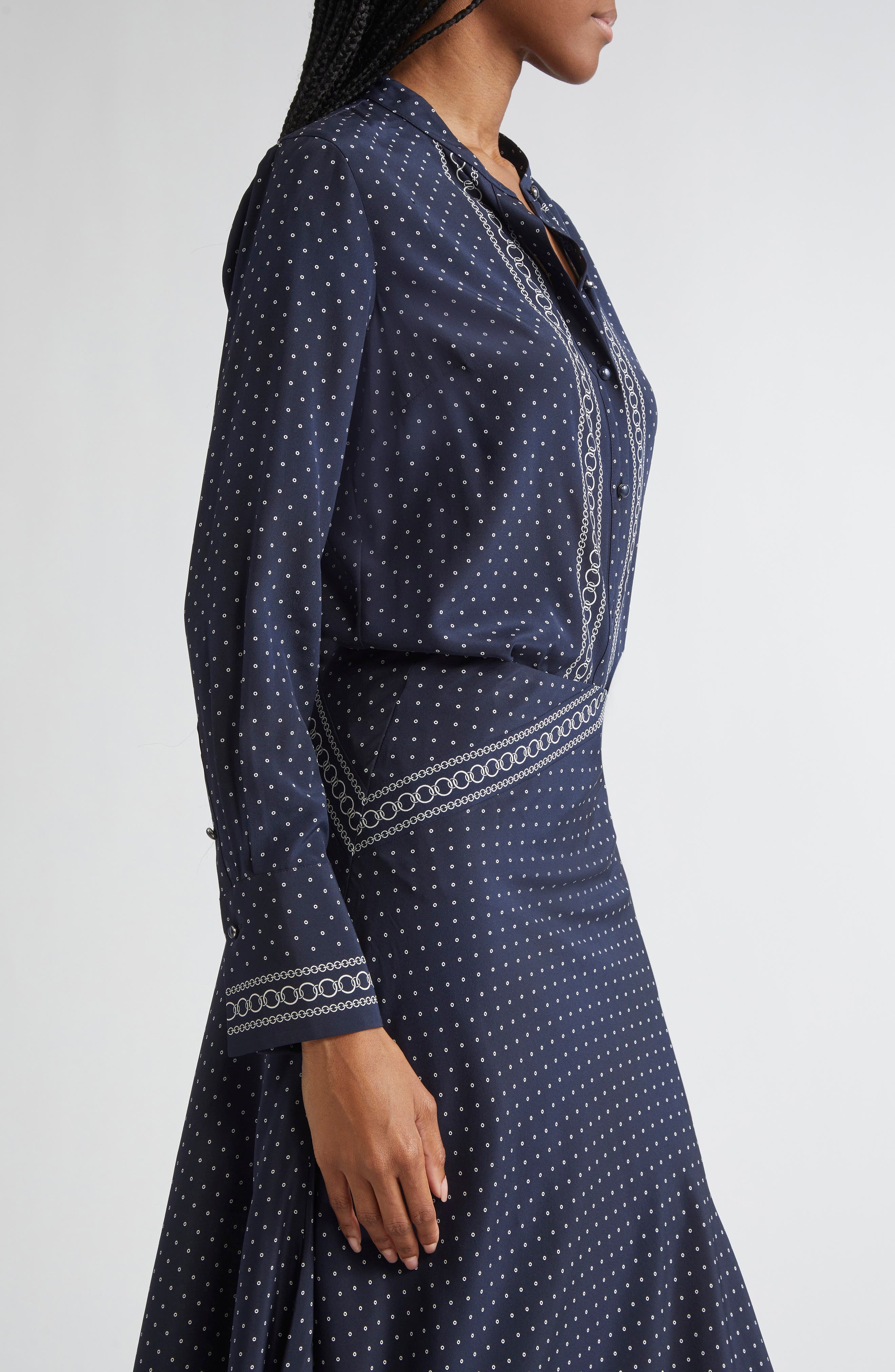 Veronica Beard Johnson Mixed Print Stretch Silk Button-Up Shirt in Navy Multi at Nordstrom - 4