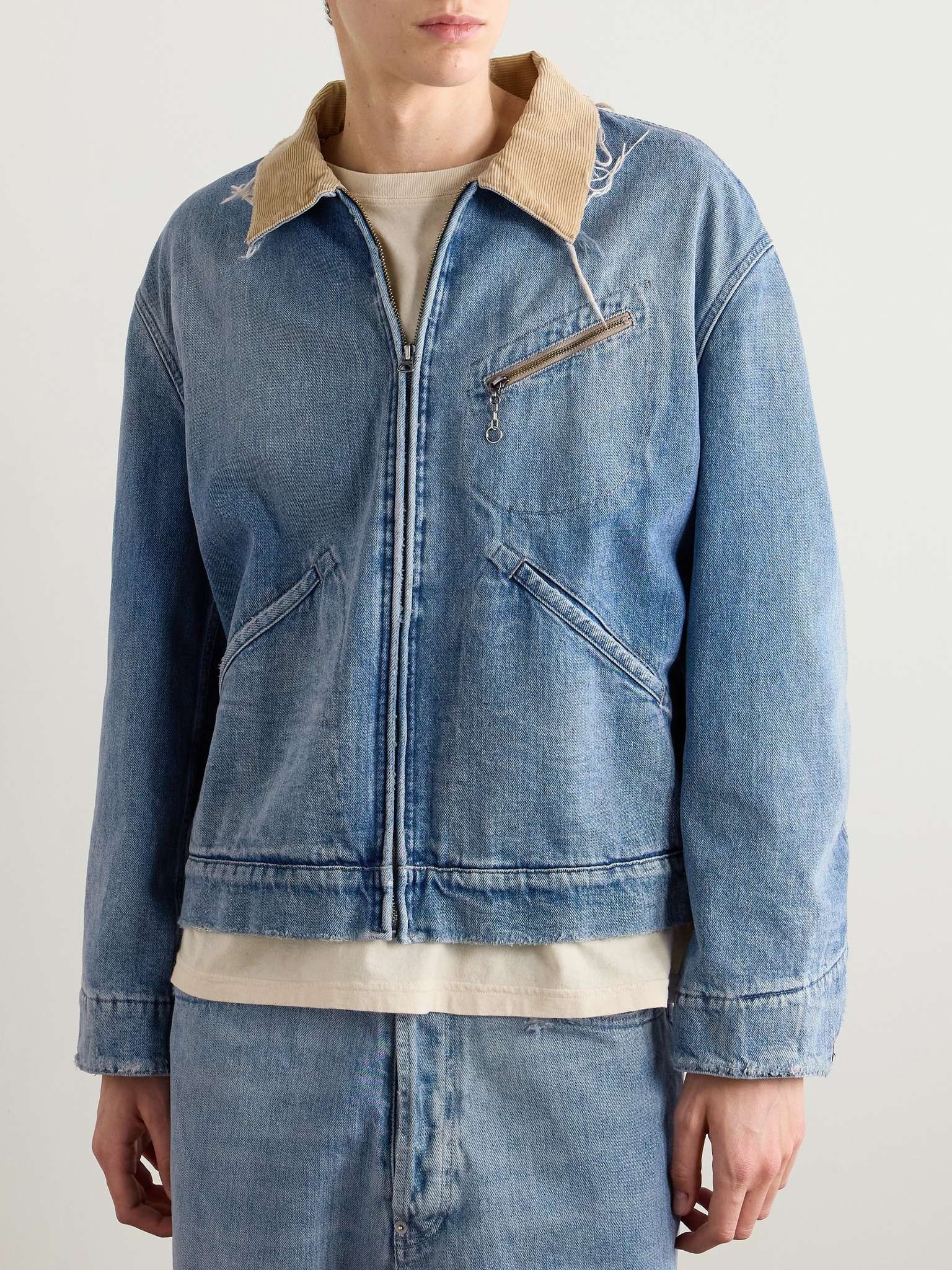 Distressed Corduroy-Trimmed Denim Jacket - 3