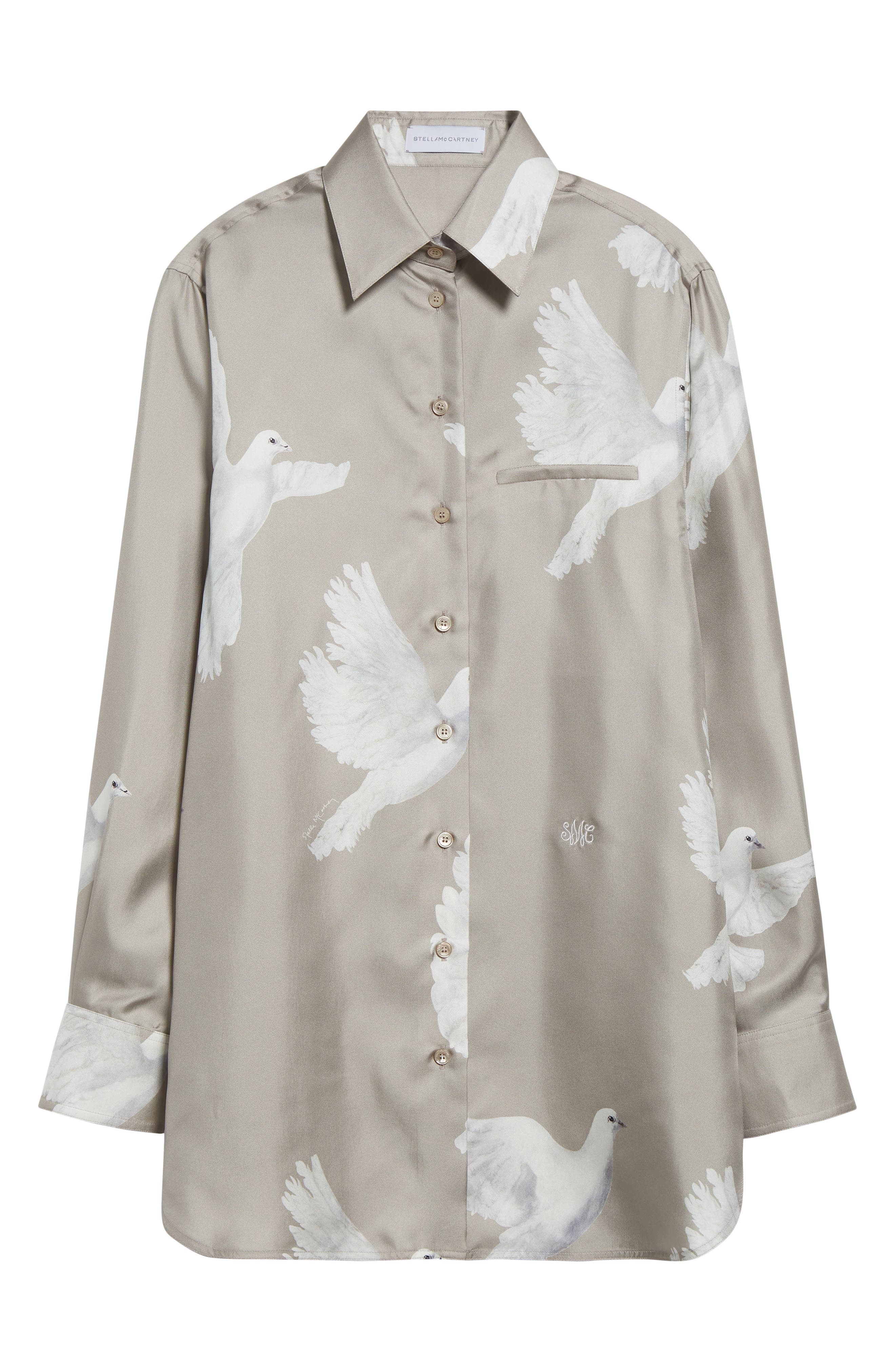 Stella McCartney Birds Print Relaxed Silk Button-Up Shirt in Mud at Nordstrom - 6