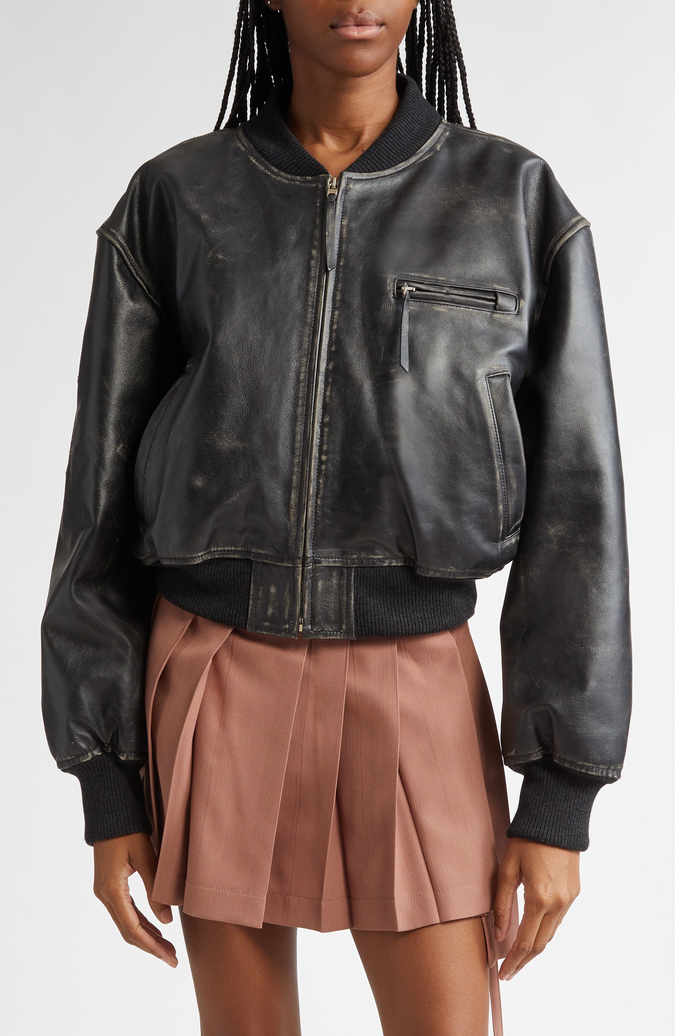 Acne Studios Leather Bomber Jacket in Black at Nordstrom - 1