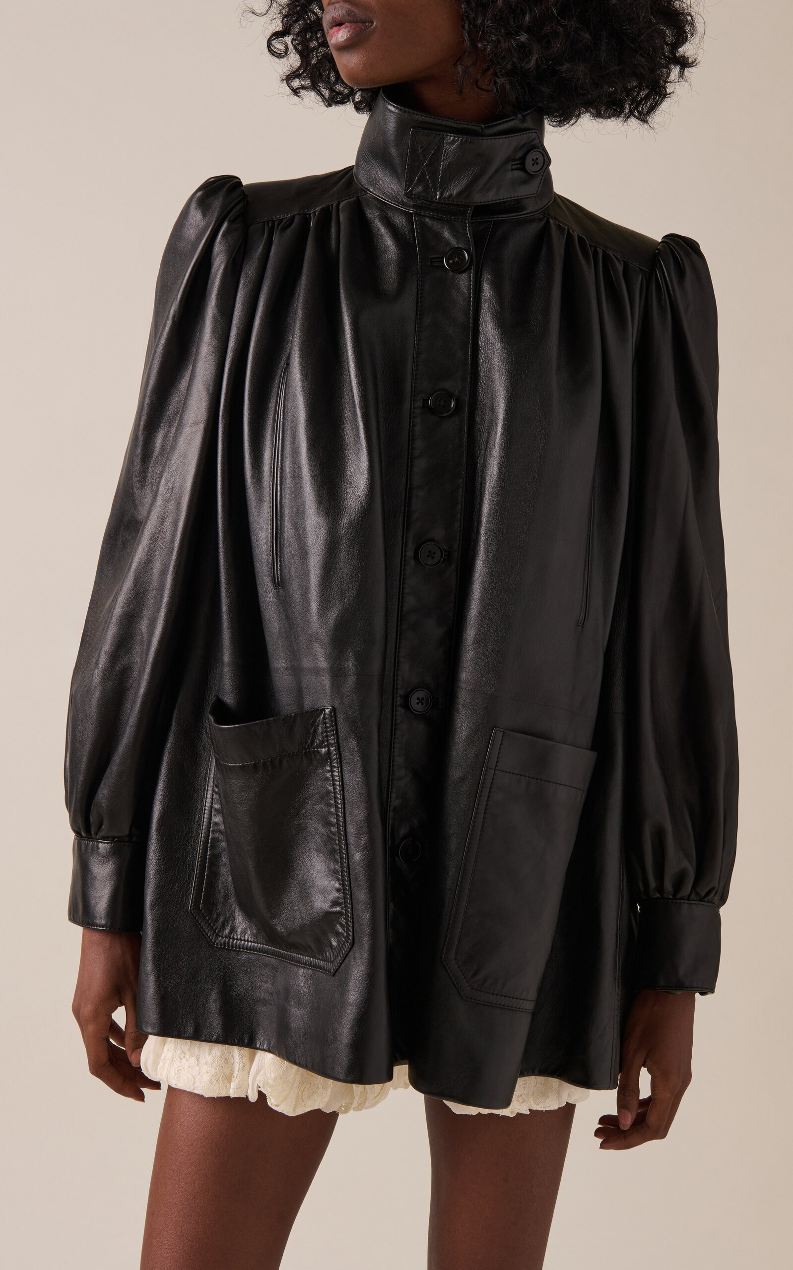 Puff-Sleeve Plonge Leather Jacket black - 3