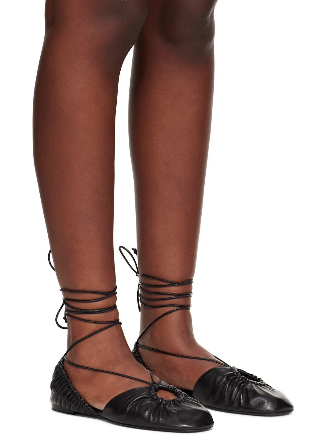 Black Mesure Lace-Up Leather Ballerina Flats - 4