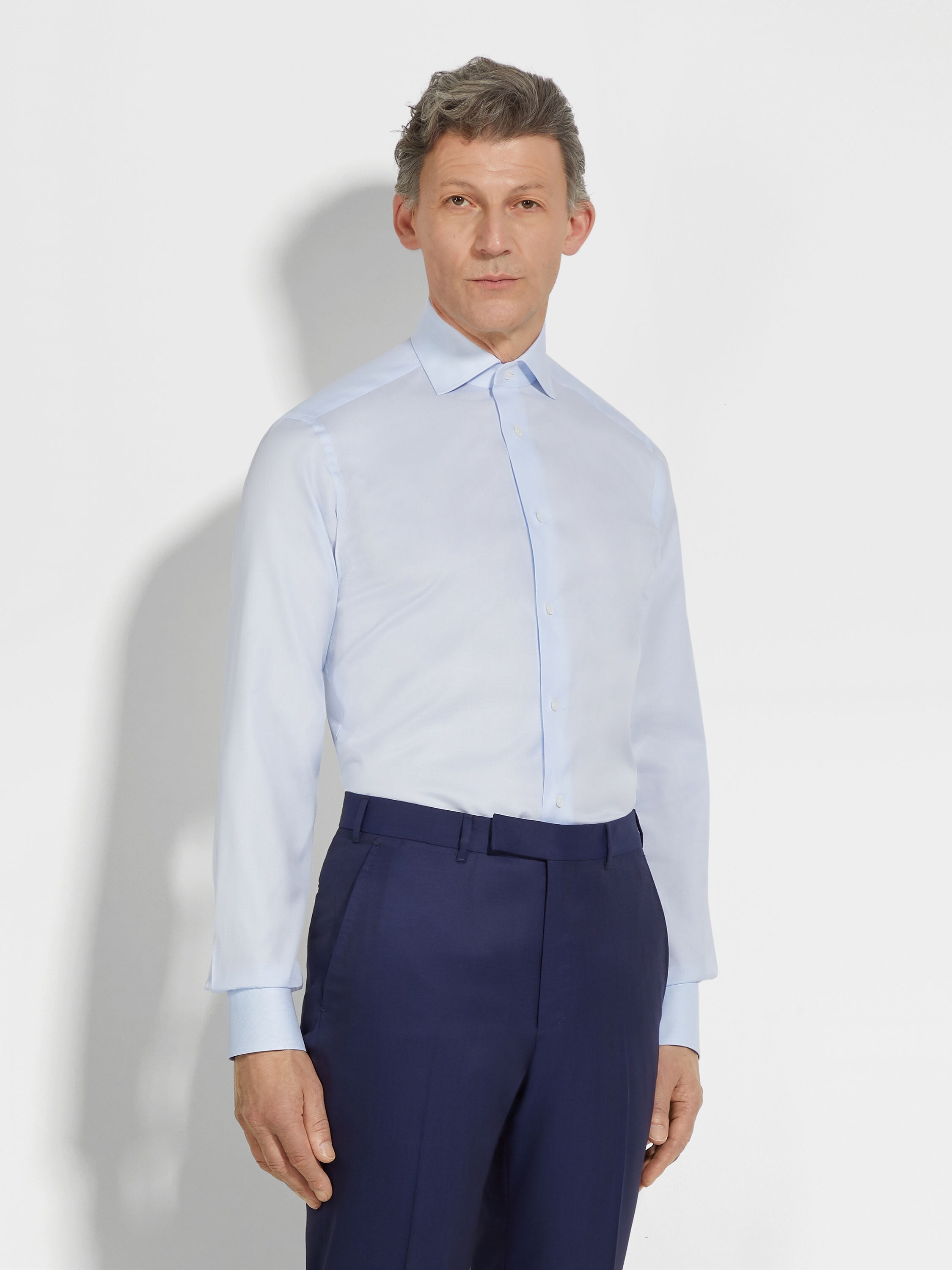 LIGHT BLUE AND WHITE MICRO-CHECKED 300 COTTON SHIRT - 3