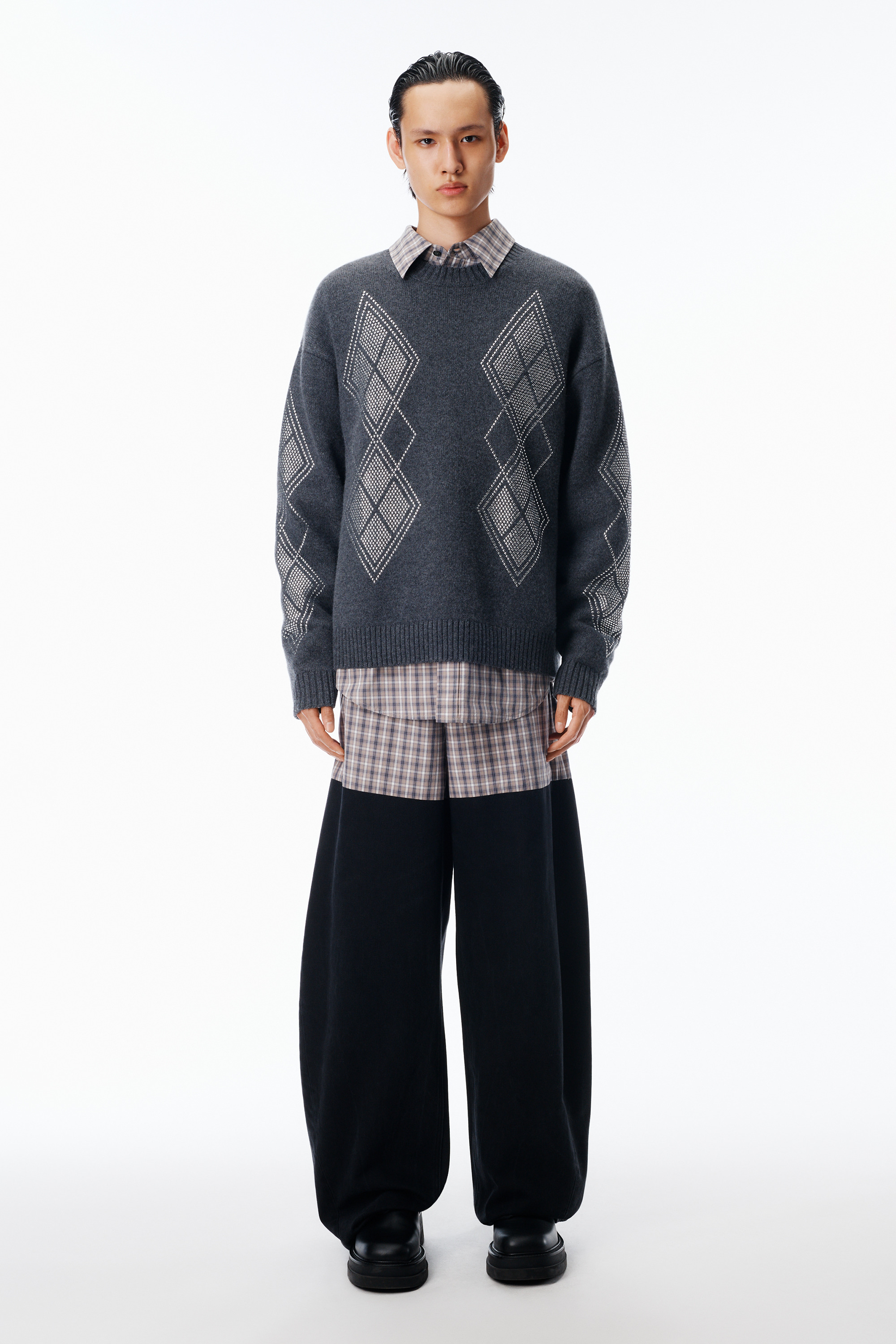 Studded Argyle Crewneck Pullover - 5