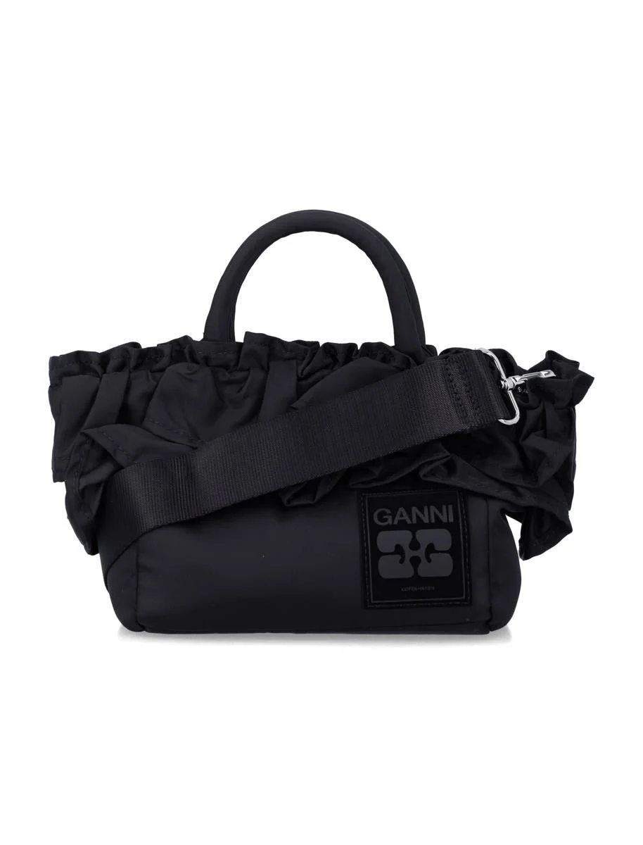 Ganni Black Nylon Ruffled Top Handle Bag - 1