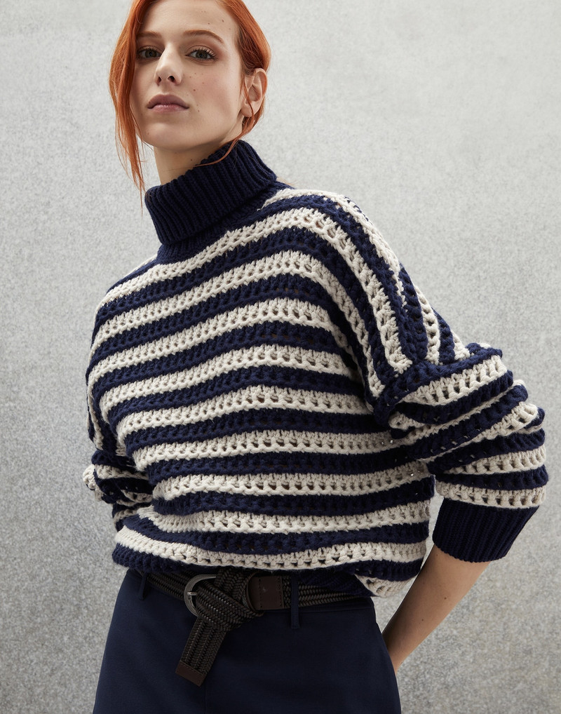 Striped net turtleneck sweater in virgin wool, cashmere and silk feather yarn 4