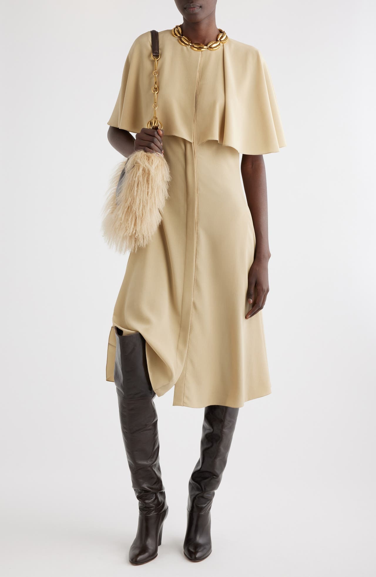 Chloé Cape Overlay Silk Crepe Shirtdress in Golden Hemp at Nordstrom - 1