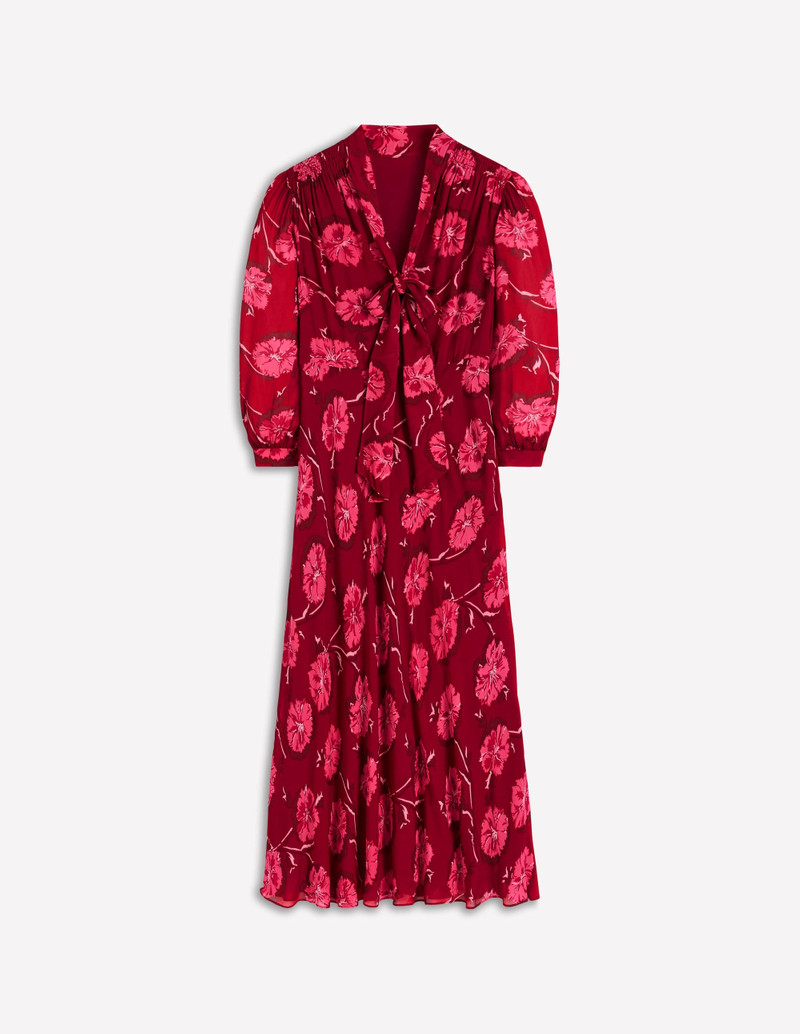 Brooke Tie Neck Tea Dress-Cranberry Red, Delicate Vine 1