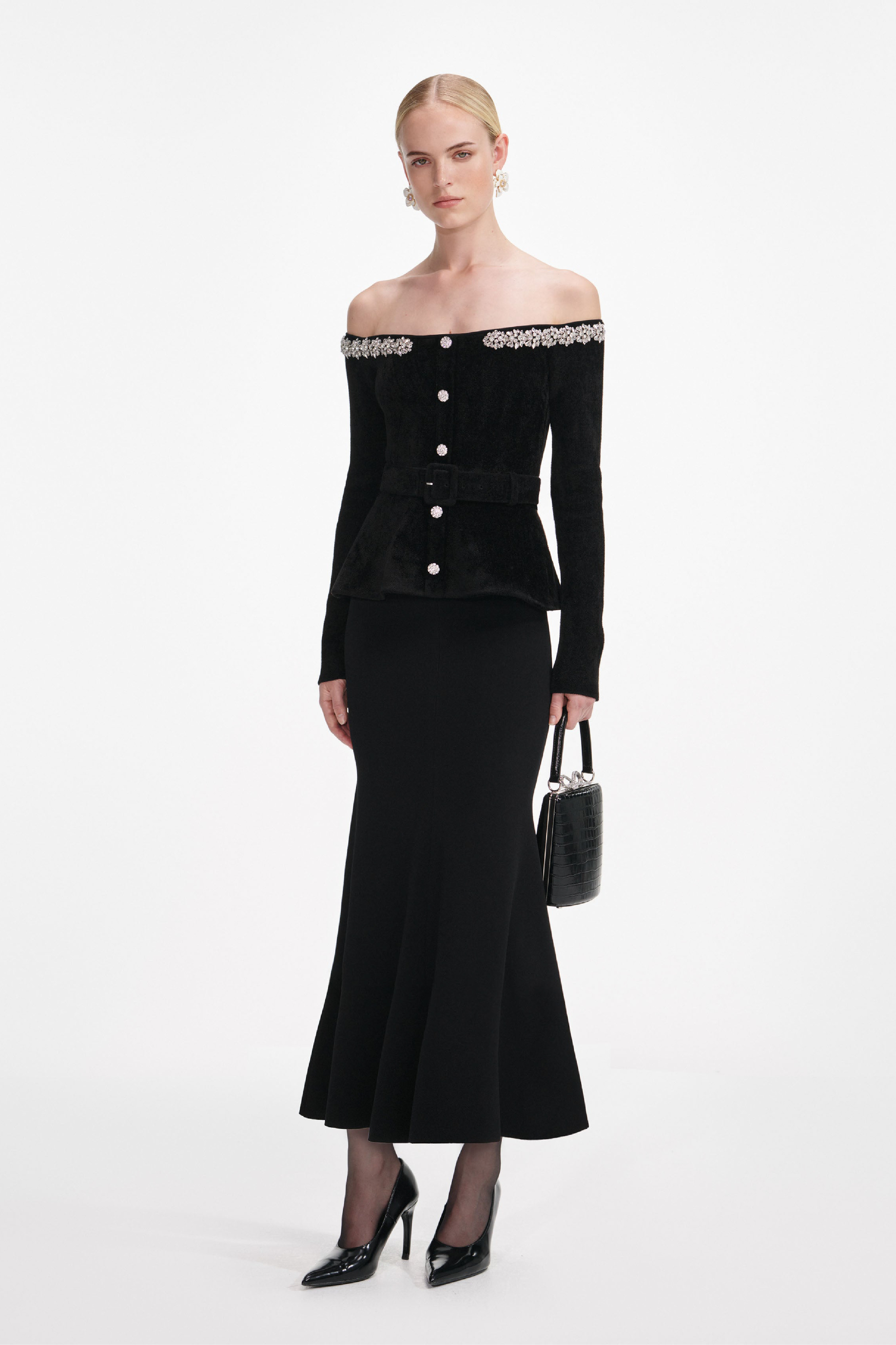 BLACK CHENILLE KNIT CRYSTAL TRIM MIDI DRESS - 2