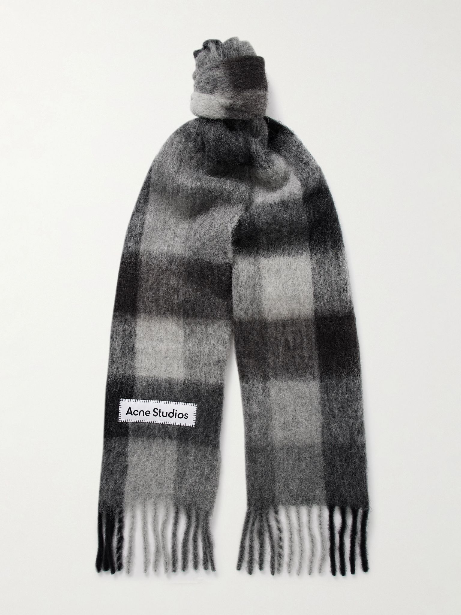 Fringed Checked Knitted Scarf Gray - 1