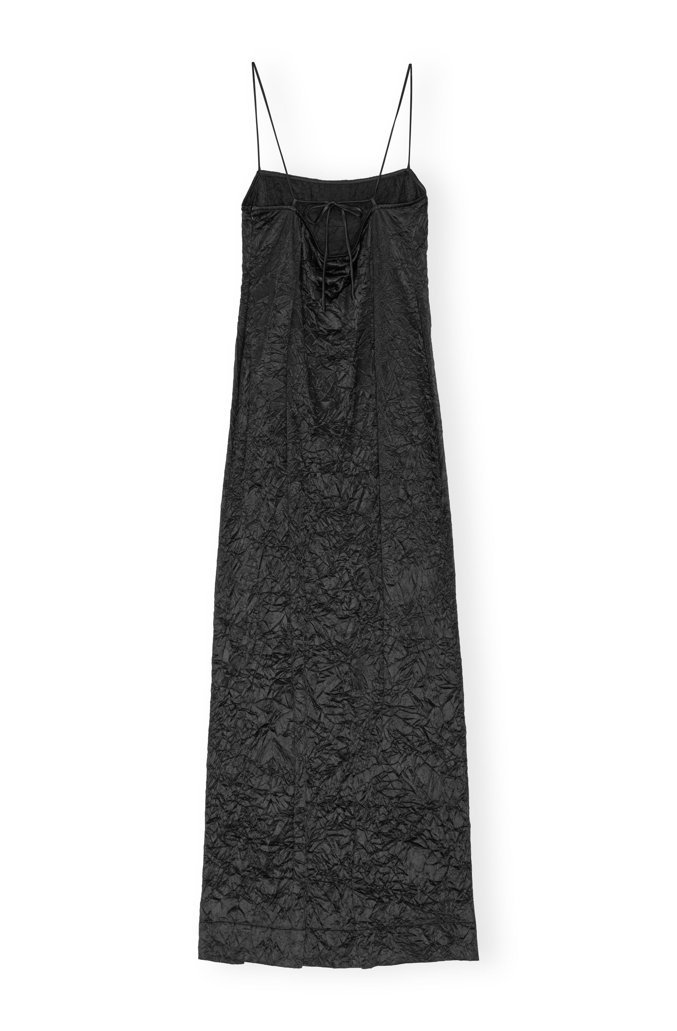 BLACK CRINKLED SATIN MIDI SLIP DRESS - 1