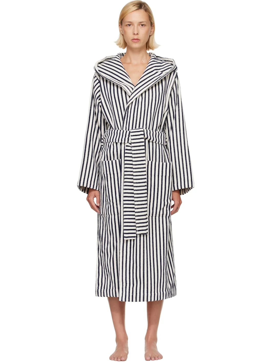 Navy & White Terry Hooded Bathrobe - 1