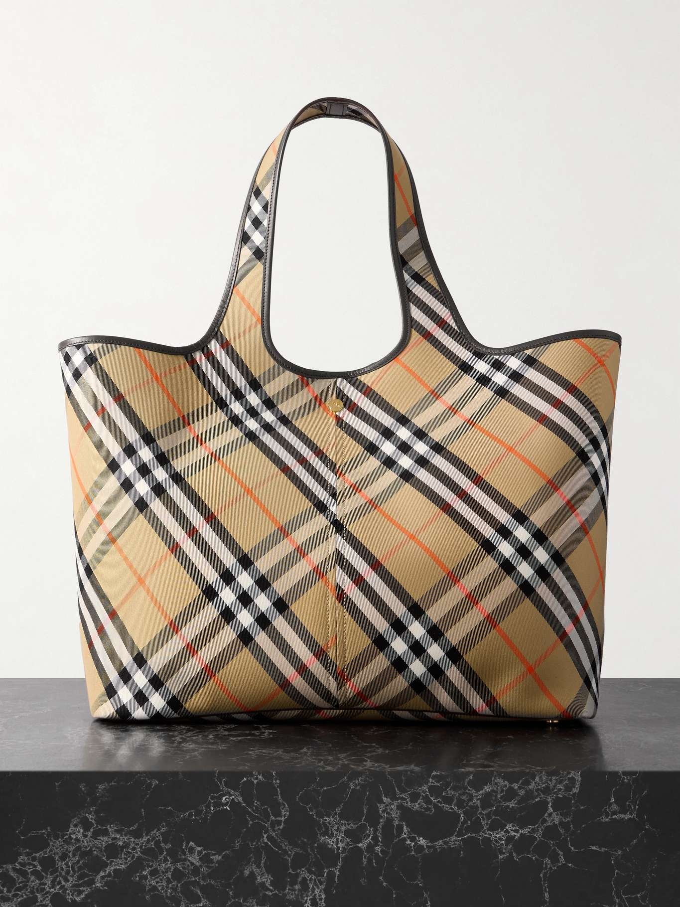 Leather-trimmed checked cotton-canvas tote - 1